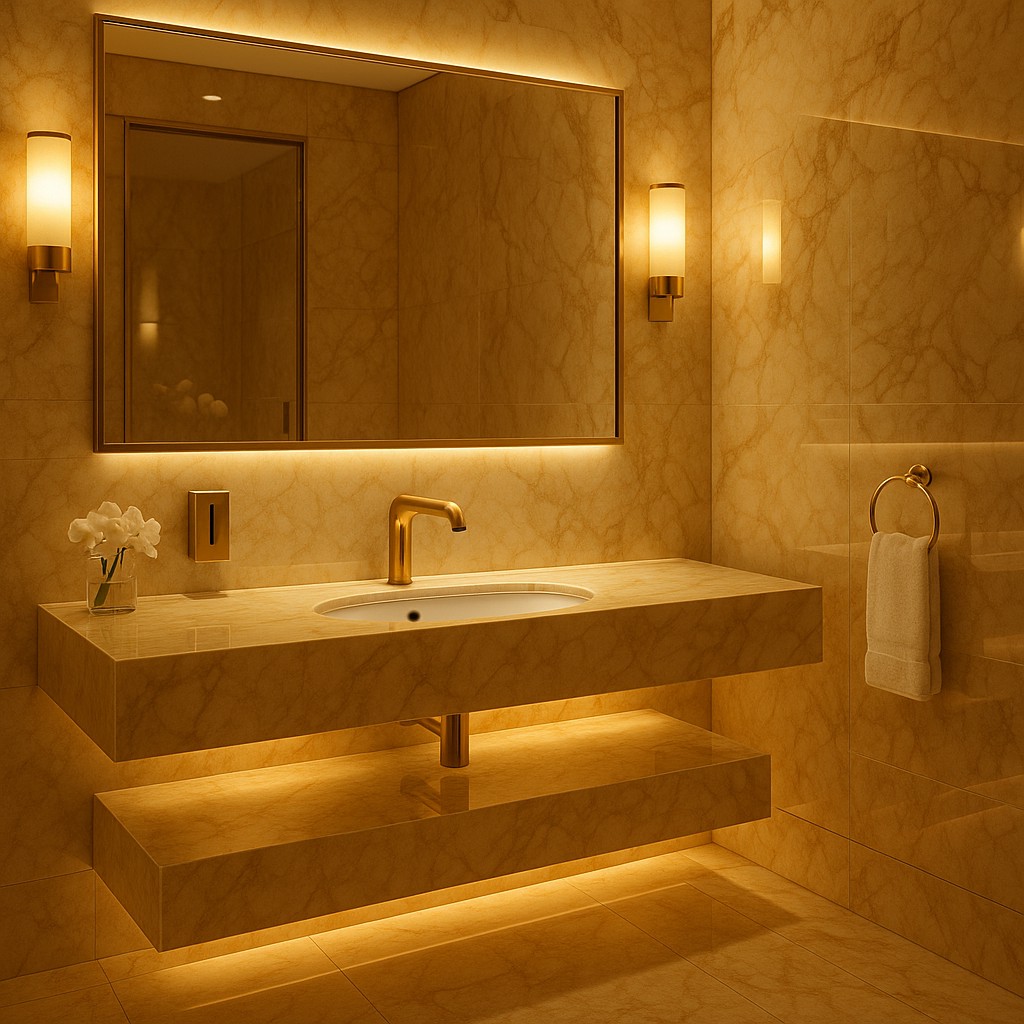CommercialRestroomDesign.com luxury commercial restroom with floating marble vanity, gold touchless faucet, wall-mounted automatic soap dispenser, oversized backlit mirror, and warm LED toe-kick lighting, showcasing modern hospitality restroom design, premium finishes, and ADA-friendly, low-maintenance fixtures for architects and interior designers.