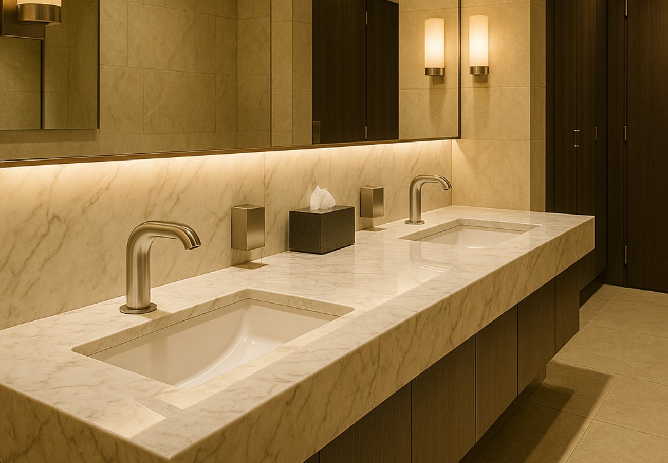 CommercialRestroomDesign.com modern commercial restroom with long marble double-sink vanity, brushed stainless touchless faucets, wall-mounted automatic soap dispensers, under-mirror LED accent lighting, and wood partition doors, illustrating clean, low-maintenance fixture specification for offices, hotels, and high-traffic public restrooms.