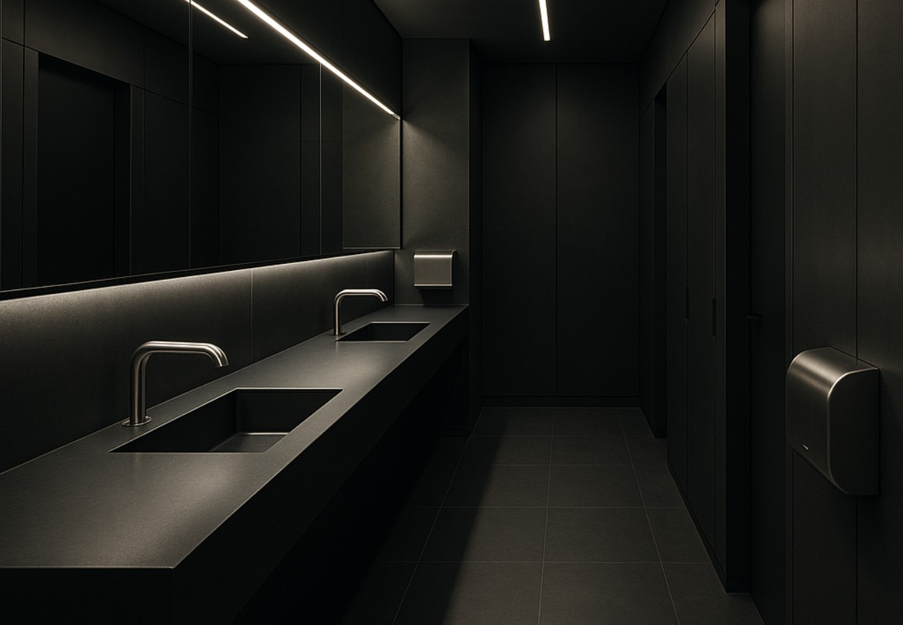 CommercialRestroomDesign.com modern black commercial restroom with long matte solid-surface countertop, dual under-mount sinks, brushed stainless touchless faucets, integrated linear LED ceiling and mirror lighting, dark wall panels, and stainless hand dryer, illustrating minimalist high-end office or hospitality restroom design with durable, low-maintenance finishes and automated fixtures.