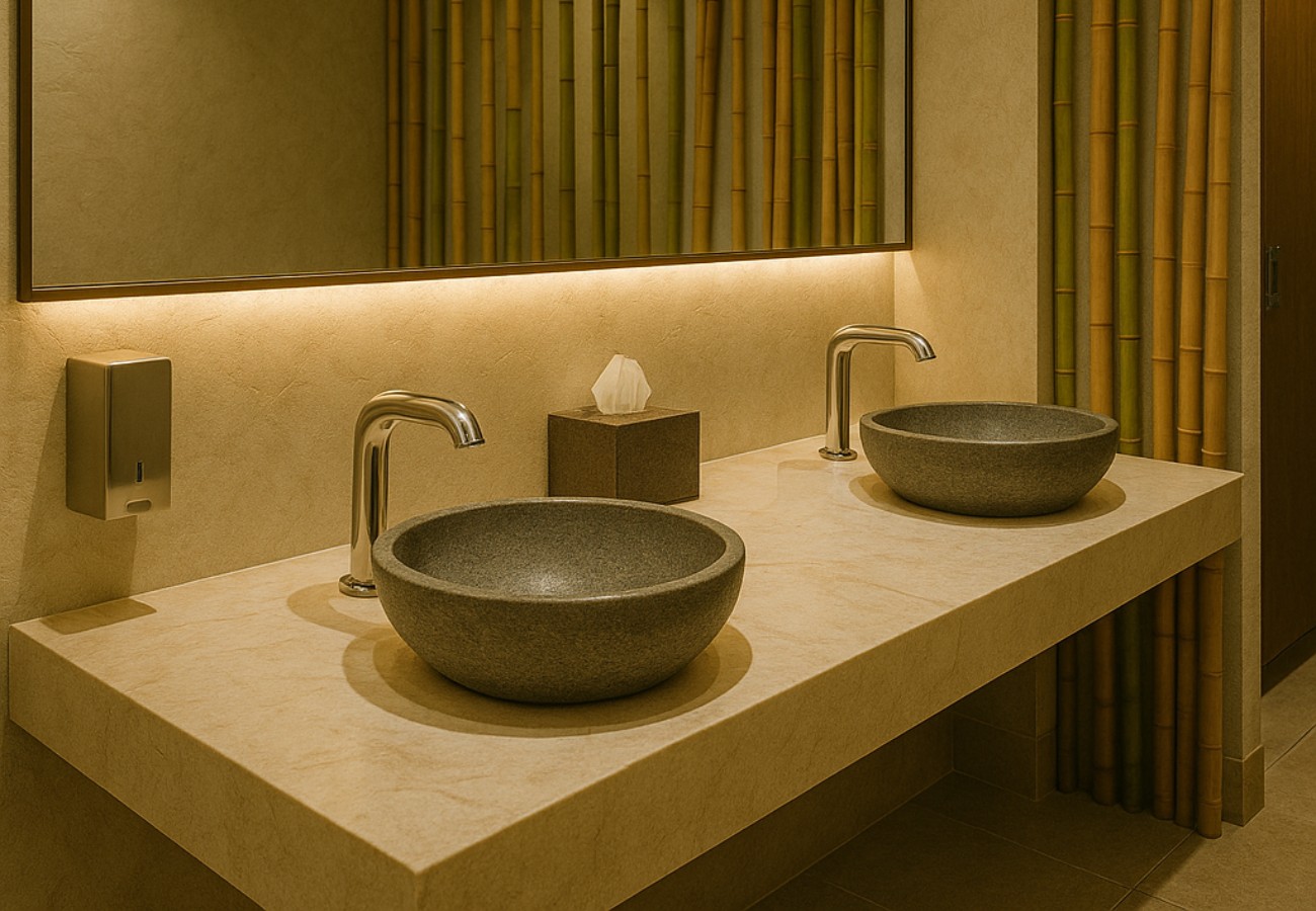 Spa-inspired hotel restroom with floating stone vanity, dual round vessel sinks, brushed stainless touchless faucets, wall-mounted automatic soap dispenser, warm LED mirror lighting, and durable commercial-grade finishes.