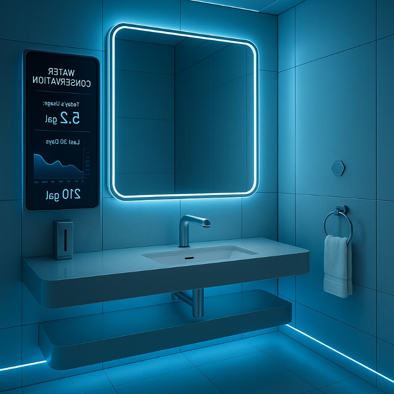 Contemporary commercial restroom with coordinated fixtures and finishes