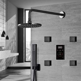 Matte black rainfall shower system with matching handheld and trim in a contemporary bathroom