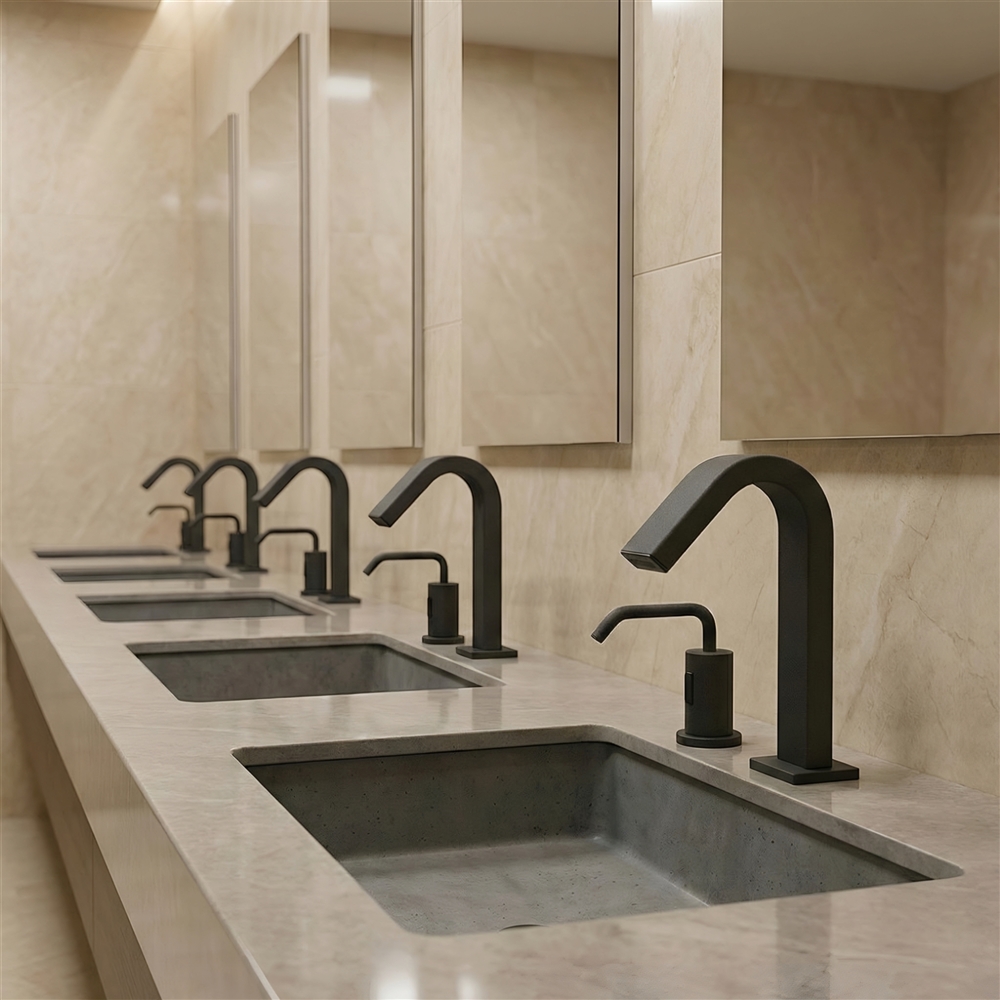 Modern civic restroom with touchless faucet stations in a high-traffic government facility