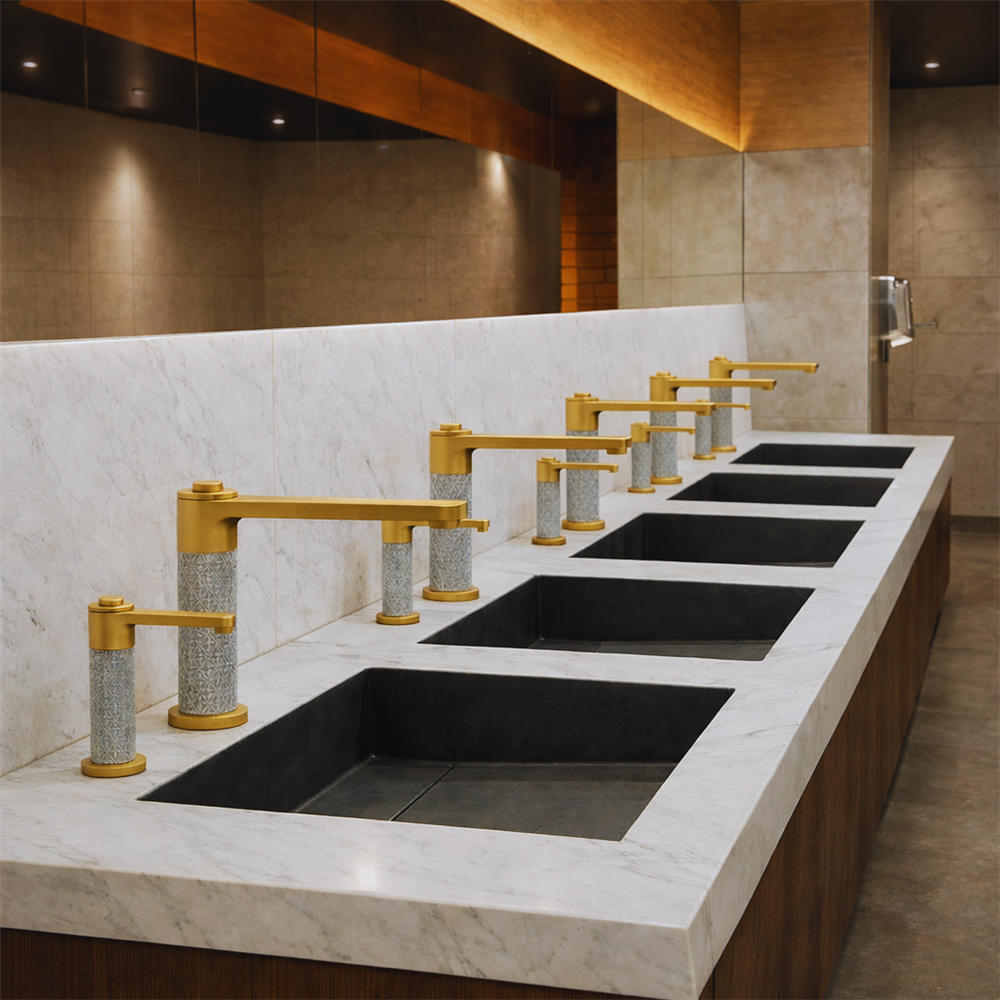 ADA-compliant public restroom sink area with accessible touchless faucet design