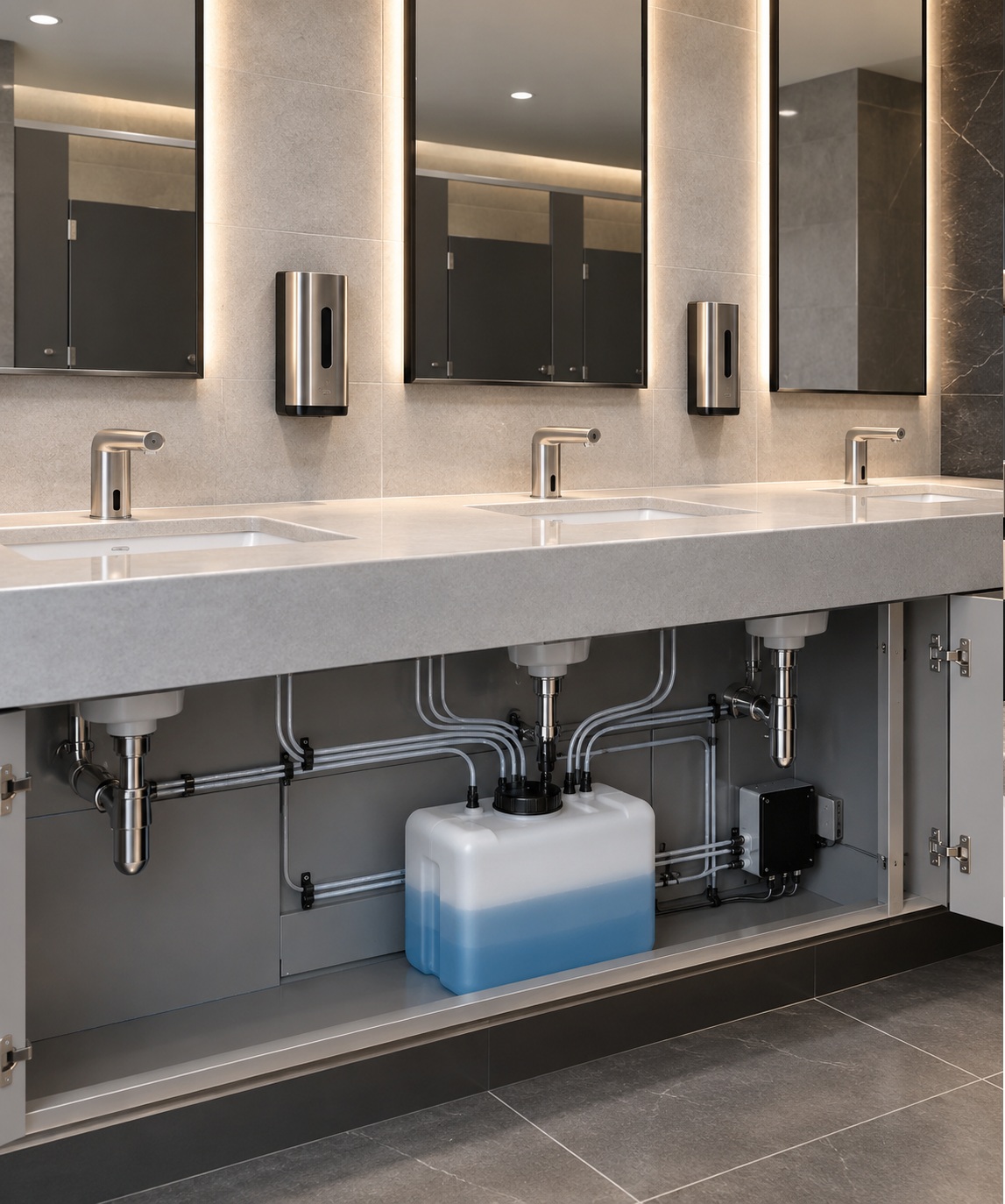 Architects and facility teams evaluating a coordinated multifeed soap dispenser system for a commercial restroom
