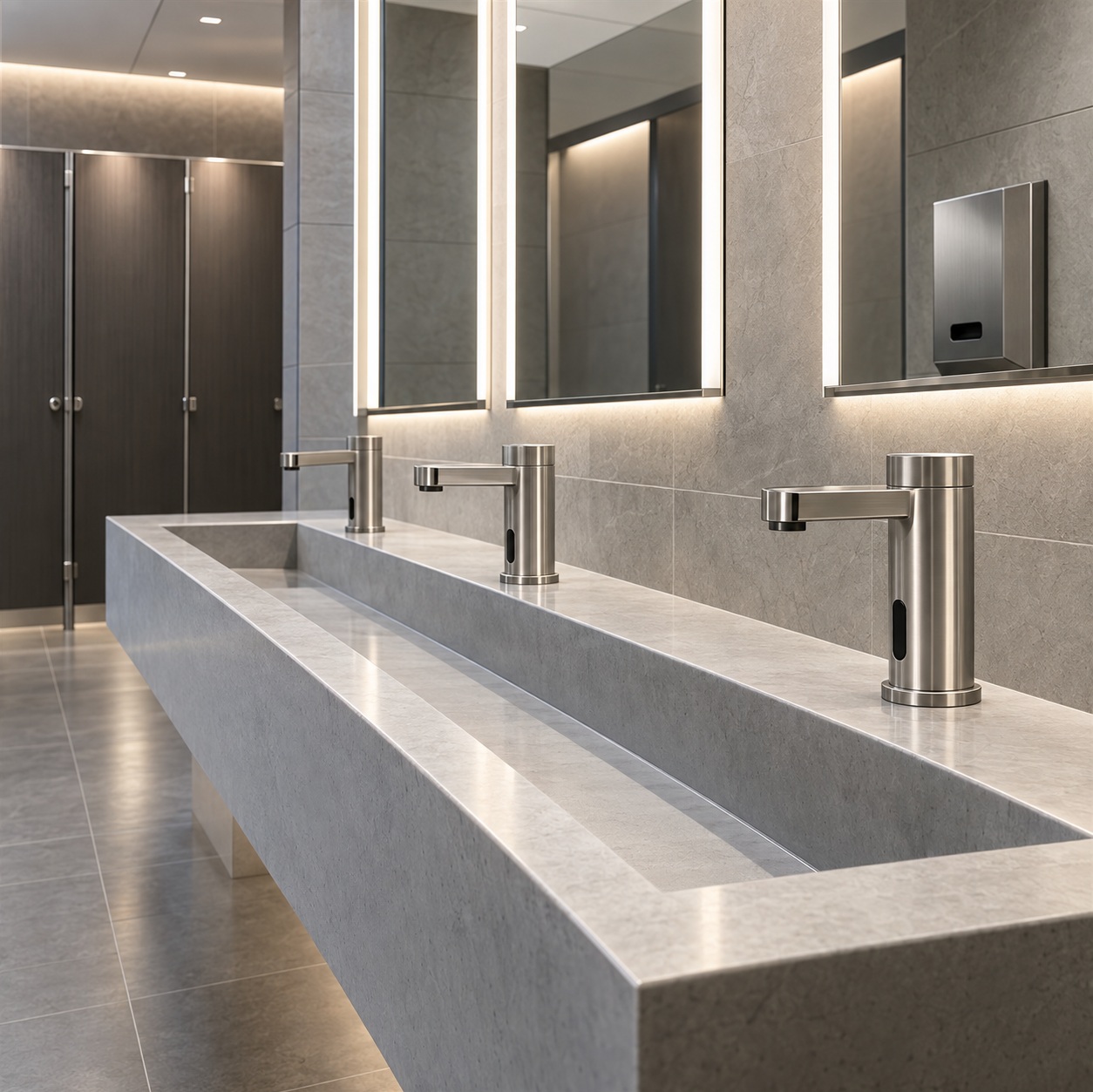Commercial sink faucets in an architectural restroom setting for AEC brand evaluation and specification