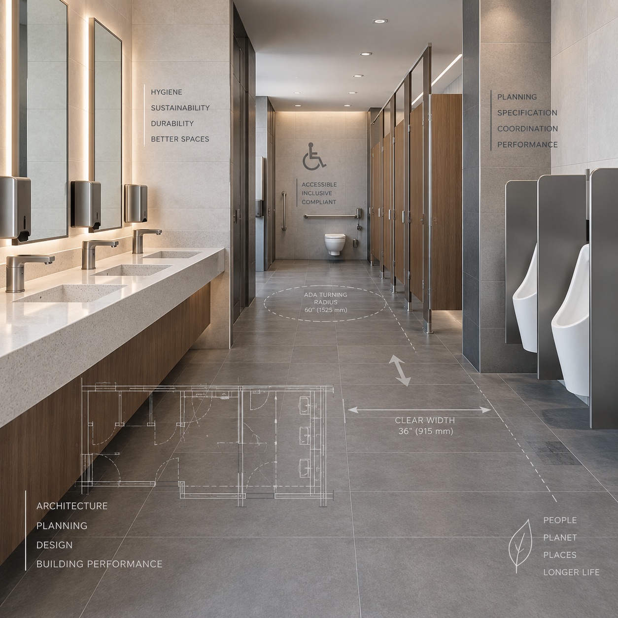 Commercial restroom architecture, planning and fixture coordination for professional AEC design