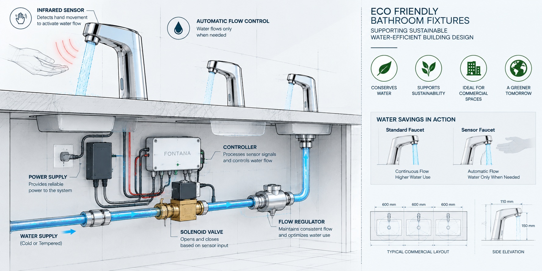Eco friendly bathroom fixtures supporting sustainable water-efficient building design