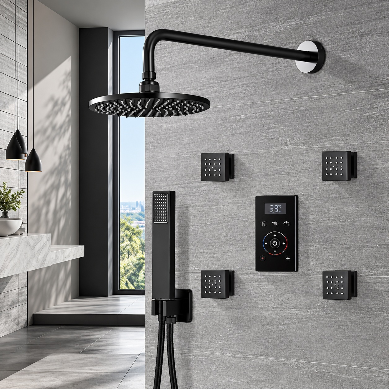 Matte black rainfall shower system with matching handheld and trim in a contemporary bathroom