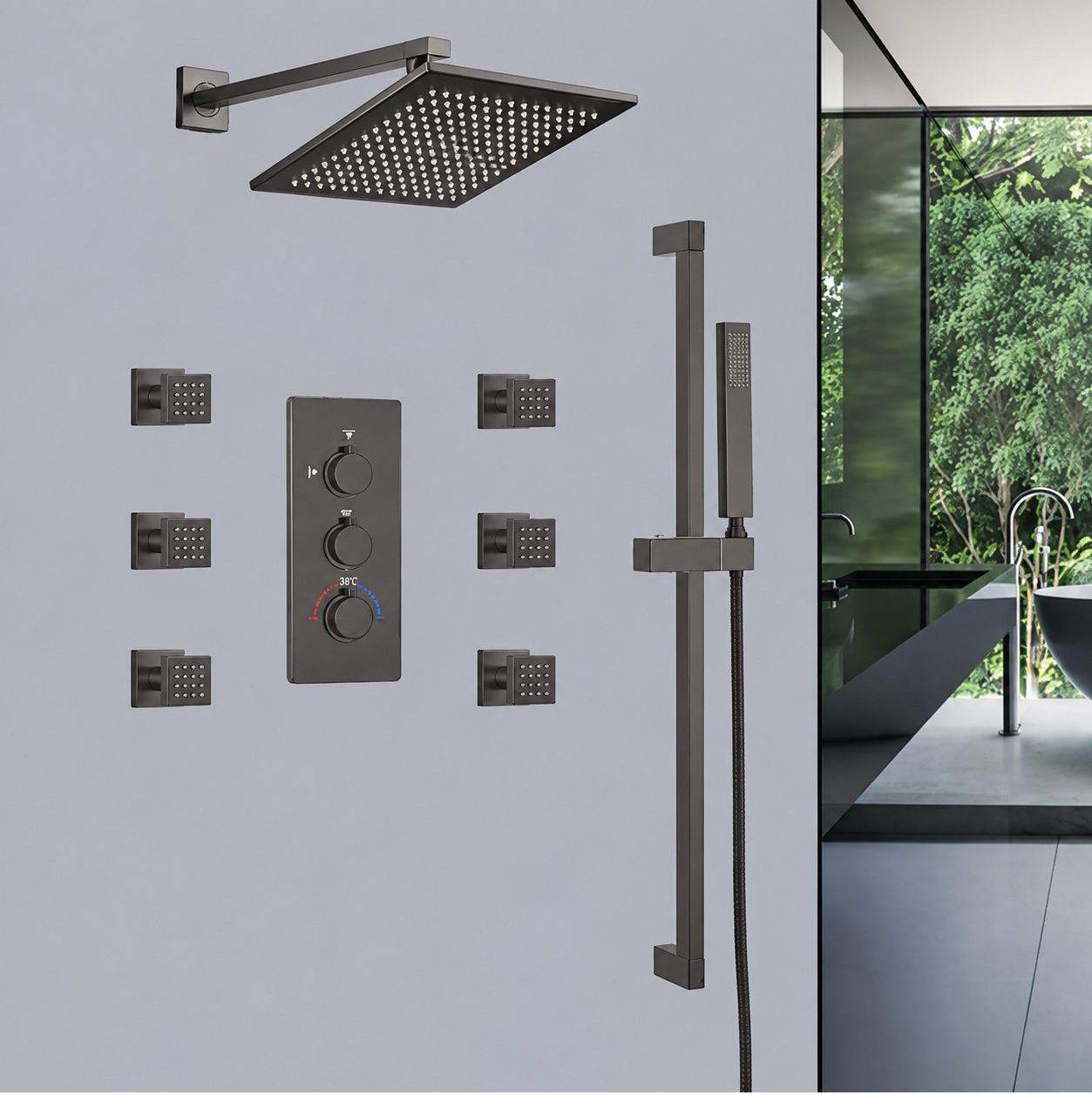 Matte black shower head installed in a modern bathroom with neutral tile and glass enclosure