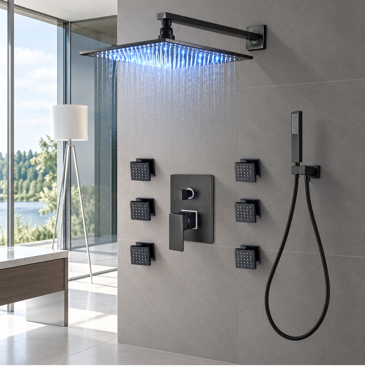 Walk-in shower with matte black shower hardware creating contrast against light wall tile