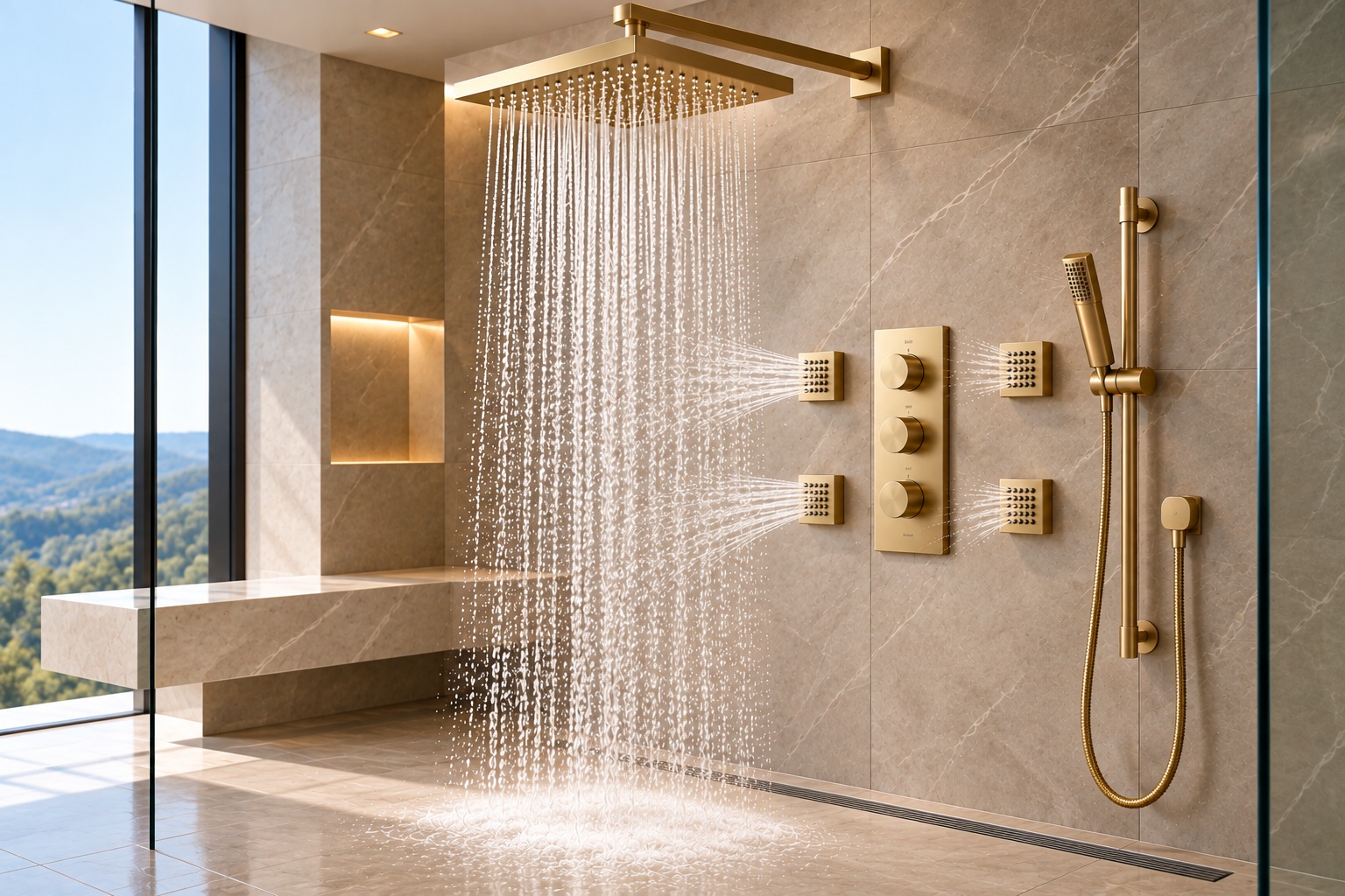 Luxury gold rainfall shower system with thermostatic control