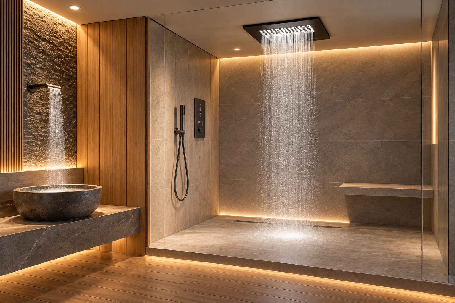 Luxury shower area with contemporary wall-mounted shower panel and ambient lighting