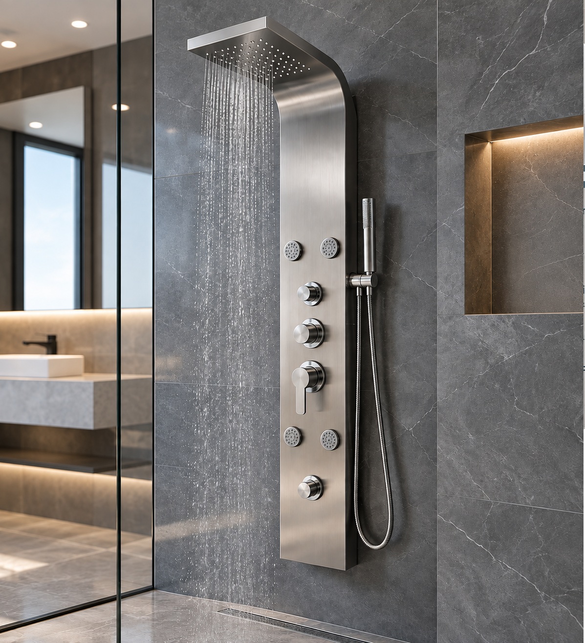 Modern stainless steel shower panel in a contemporary bathroom