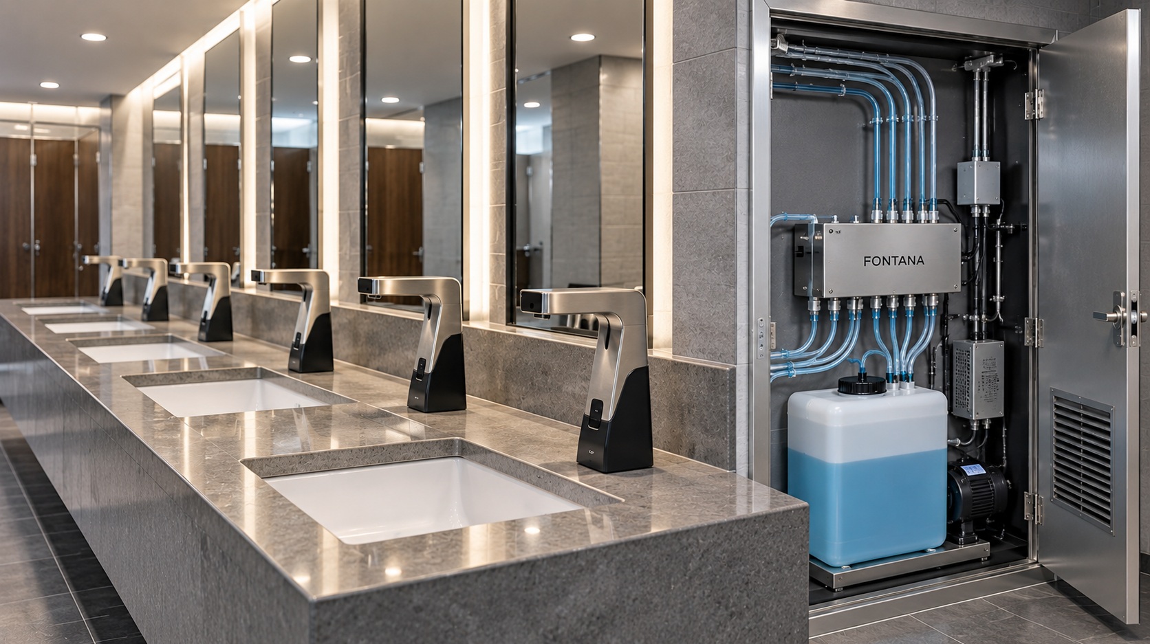 Multifeed soap dispenser system with centralized reservoir and service access in a commercial restroom