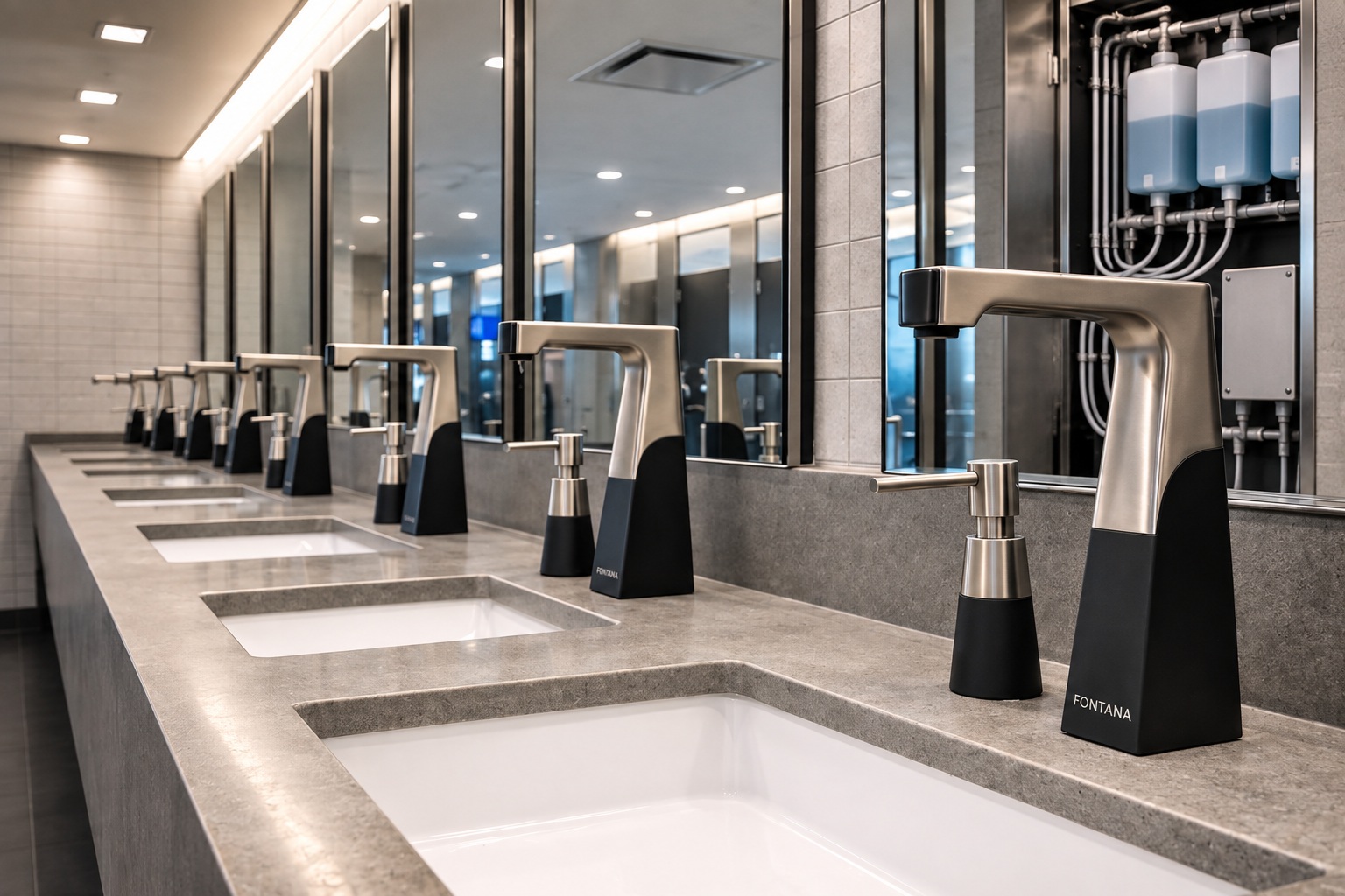Multifeed systems coordinated with plumbing in commercial restrooms