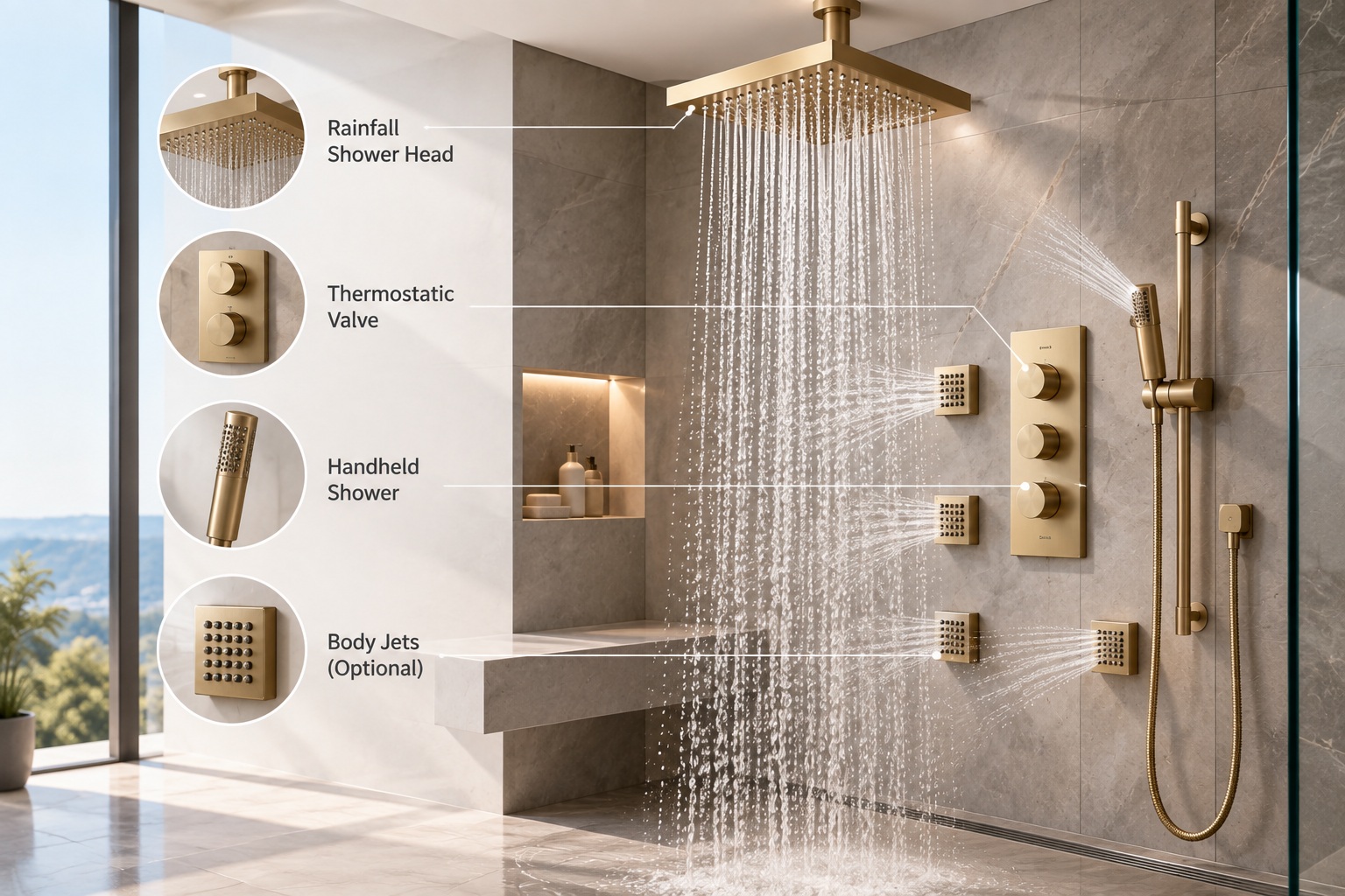 Rainfall shower system components including thermostatic controls handheld shower and body jets