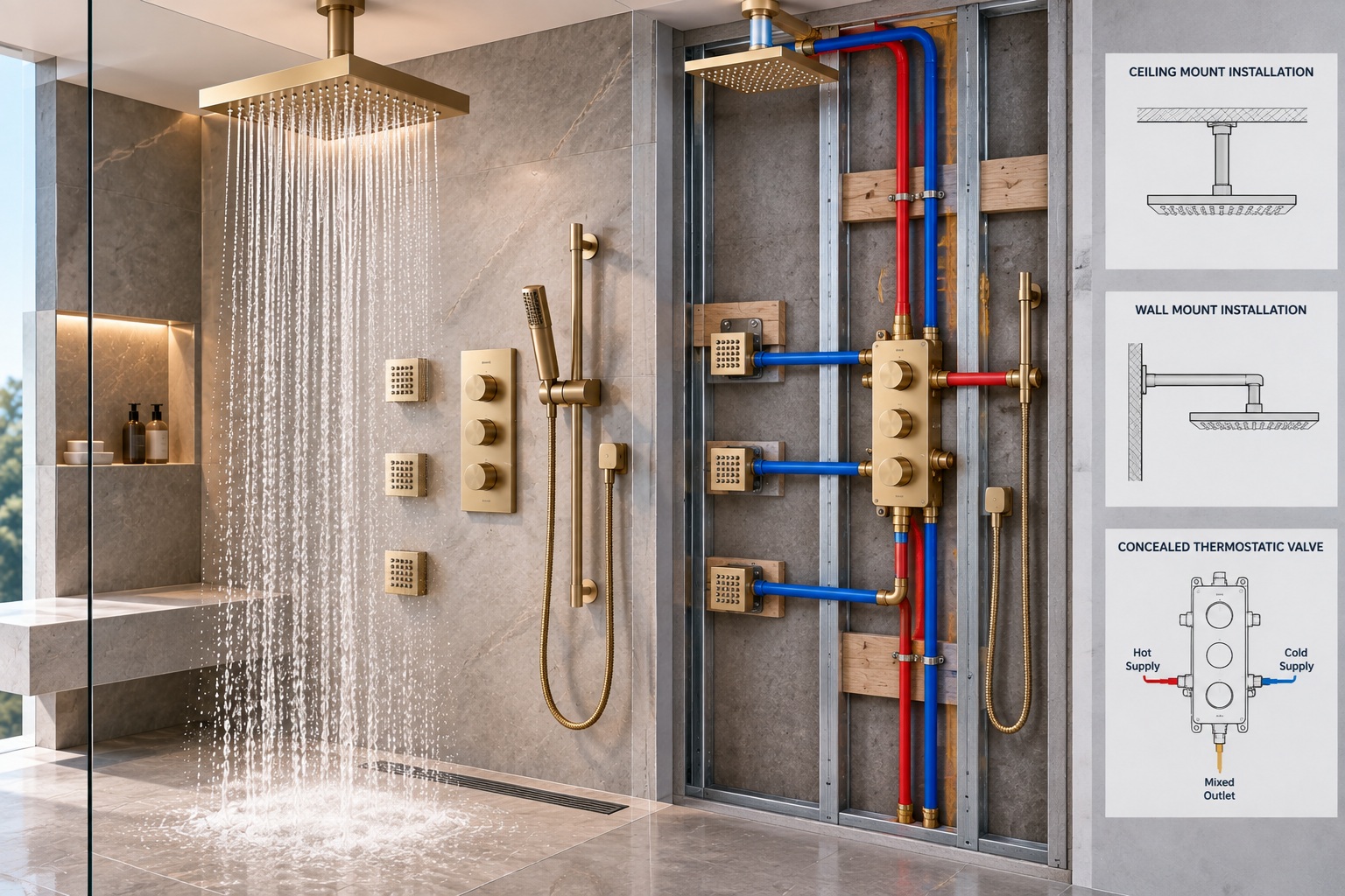 Rainfall shower system installation planning with concealed plumbing and thermostatic valve