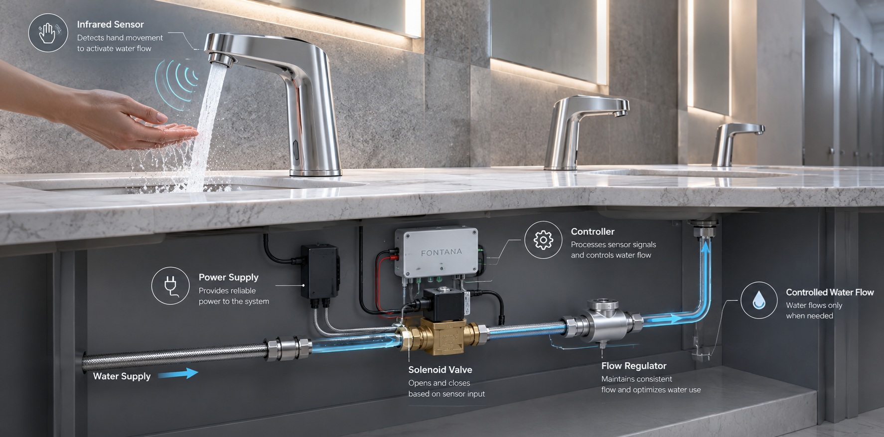 Sensor faucet system showing infrared detection, controller, solenoid valve and regulated water flow