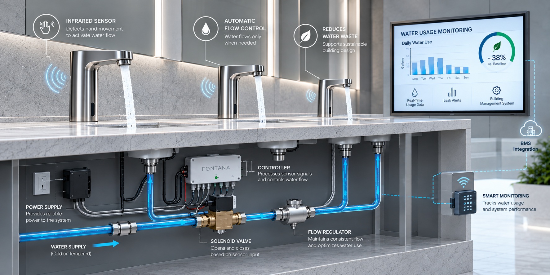 Smart plumbing system with sensor faucets and digital water monitoring technology