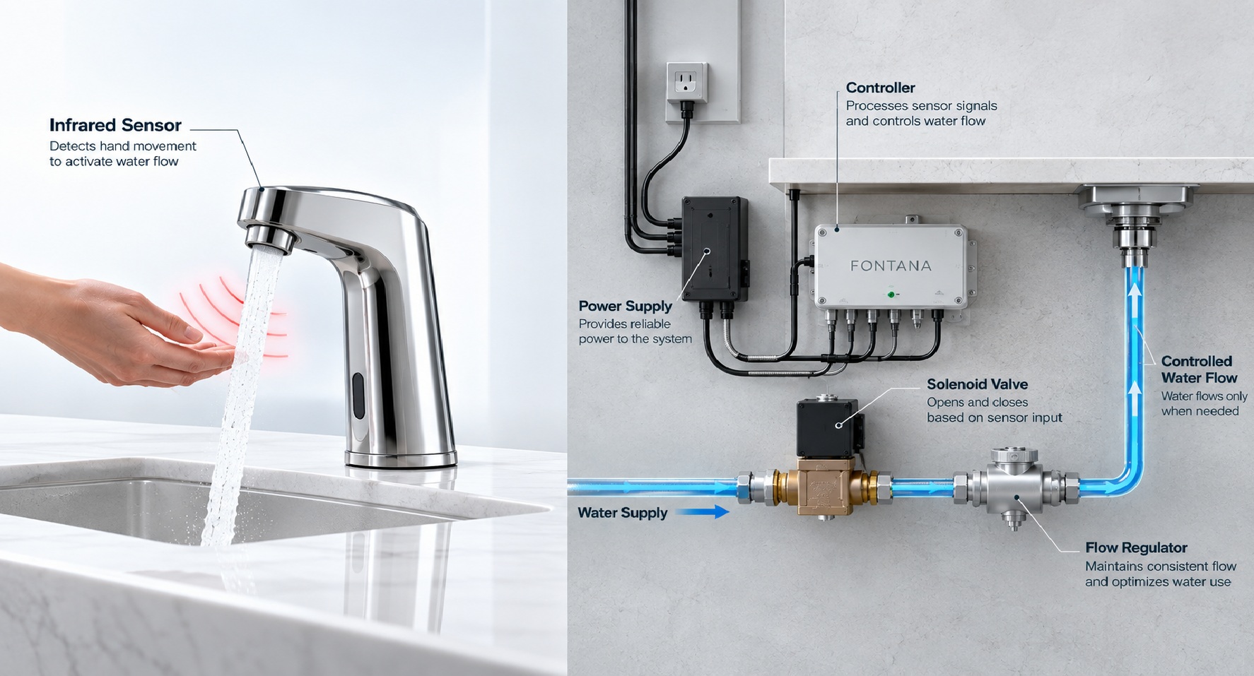 Smart sensor faucets reducing water waste through automatic flow control