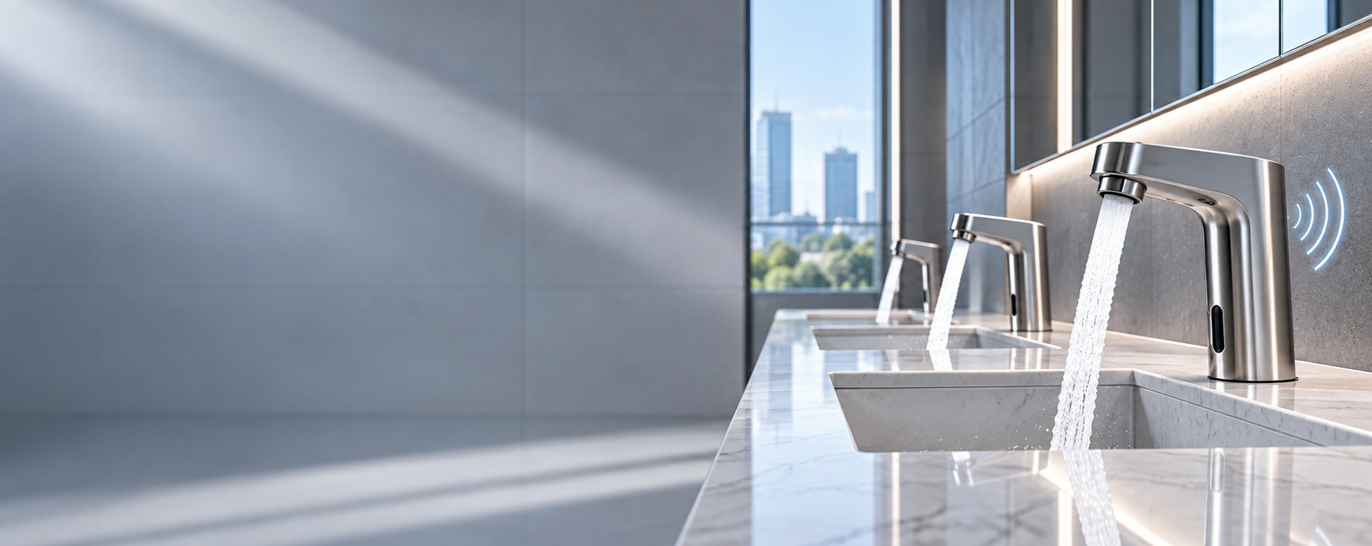Smart sensor faucets supporting water conservation in sustainable commercial bathroom design
