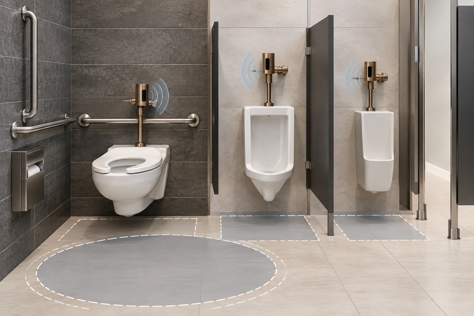 ADA touchless toilet and urinal flush valve layout showing sensor and accessibility coordination