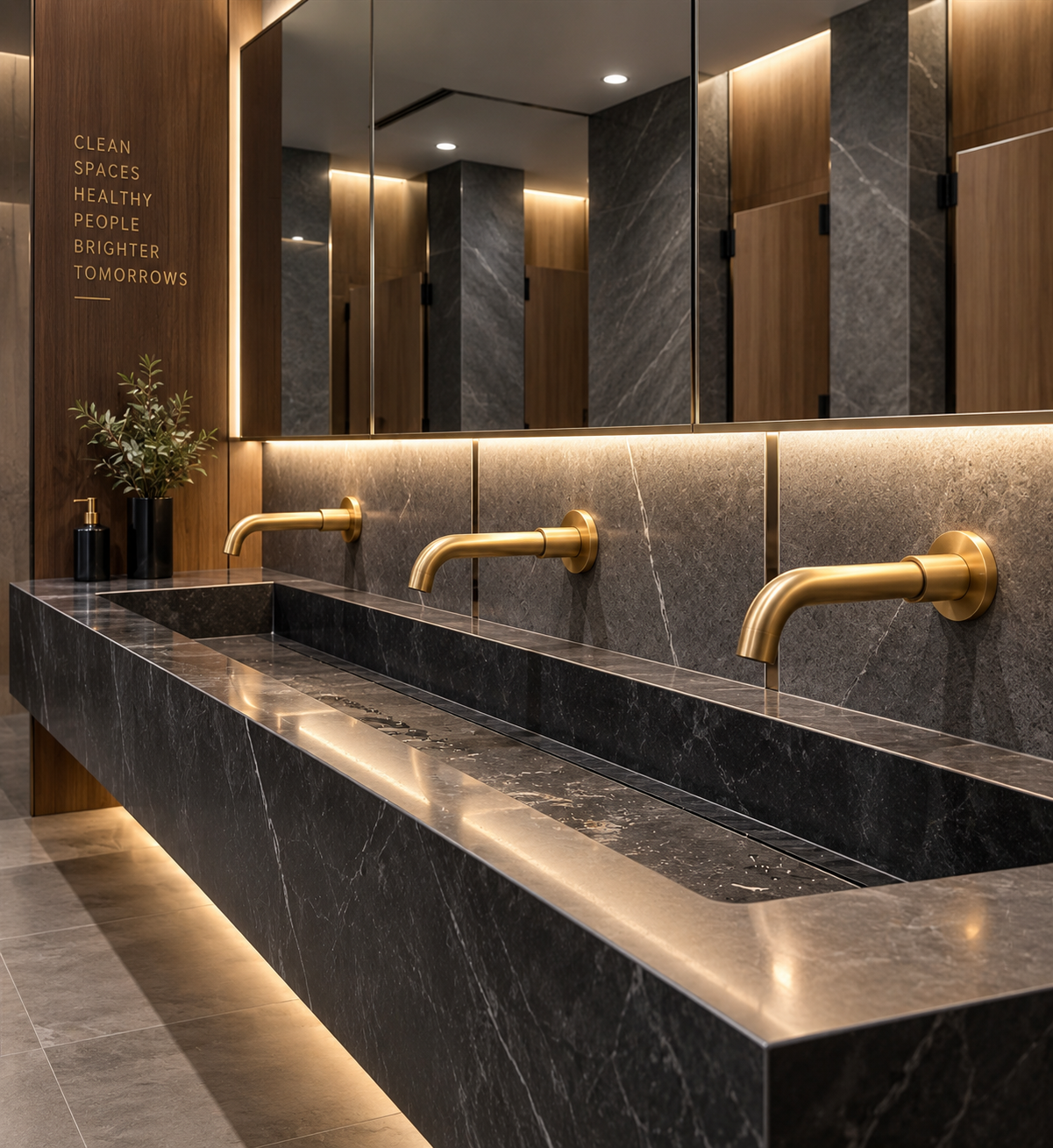 Gold fixtures coordinated across a commercial vanity