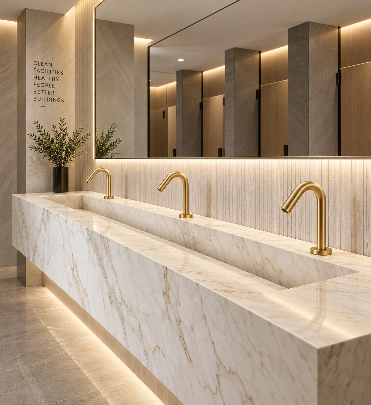 Dark commercial restroom with touchless fixtures and large mirror