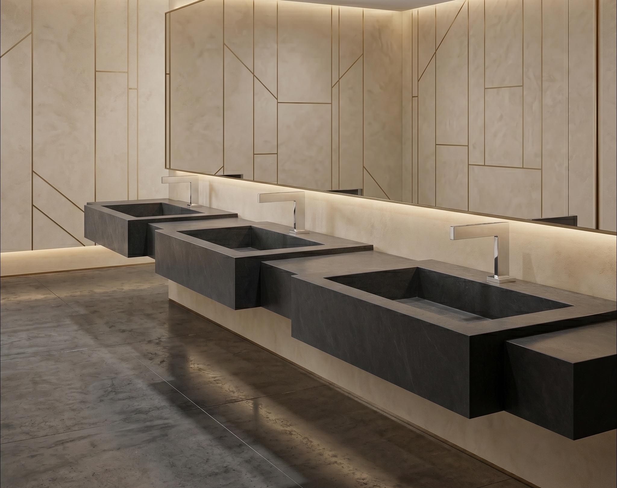 Accessible commercial restroom planning reference with vessel sinks and touchless fixtures