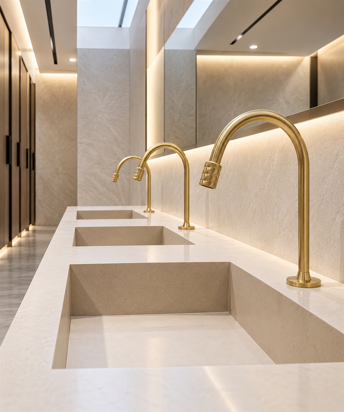Commercial restroom with touchless wash station and illuminated mirror