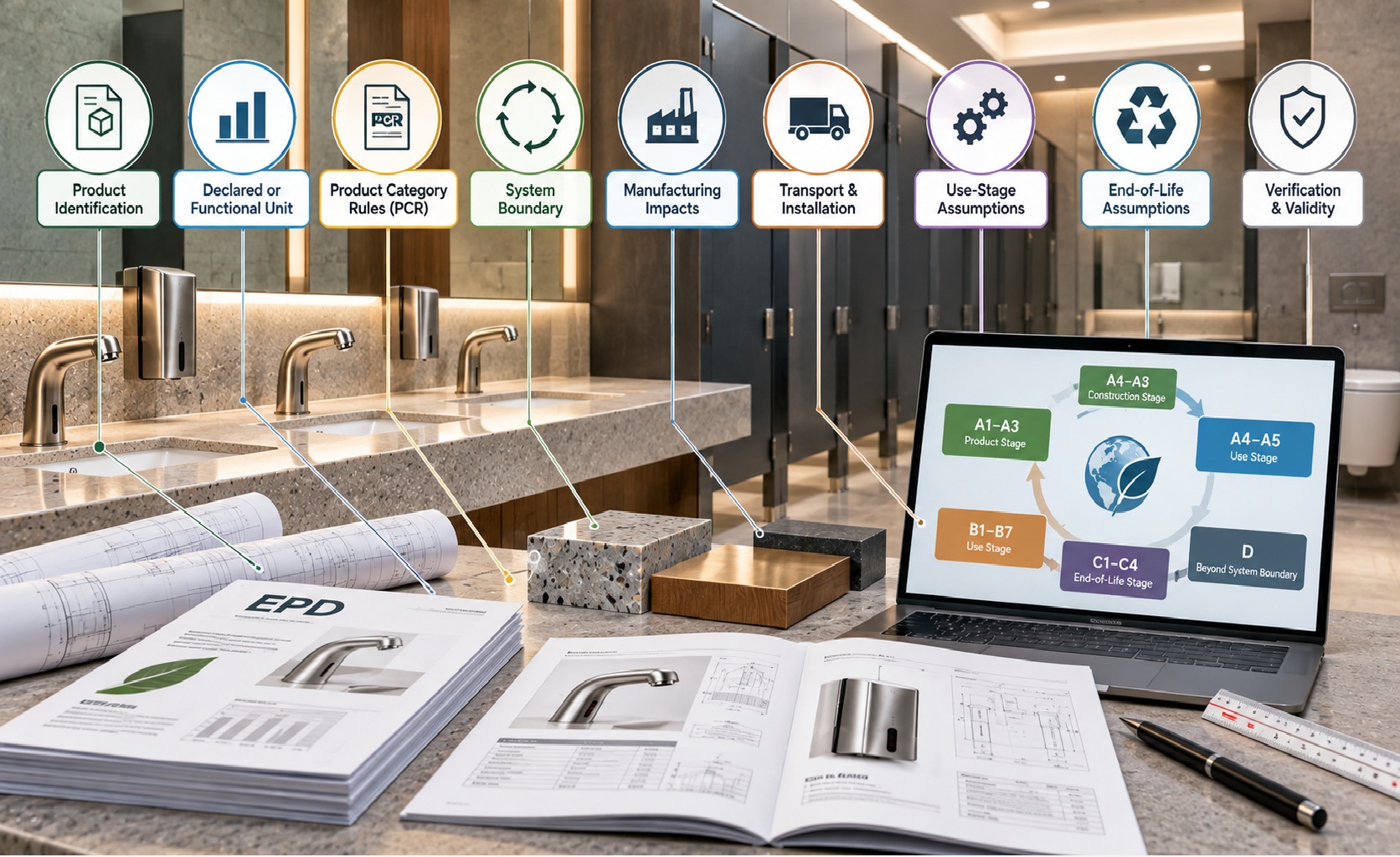 Commercial restroom architect comparing EPD environmental data material documentation lifecycle boundaries and product specifications
