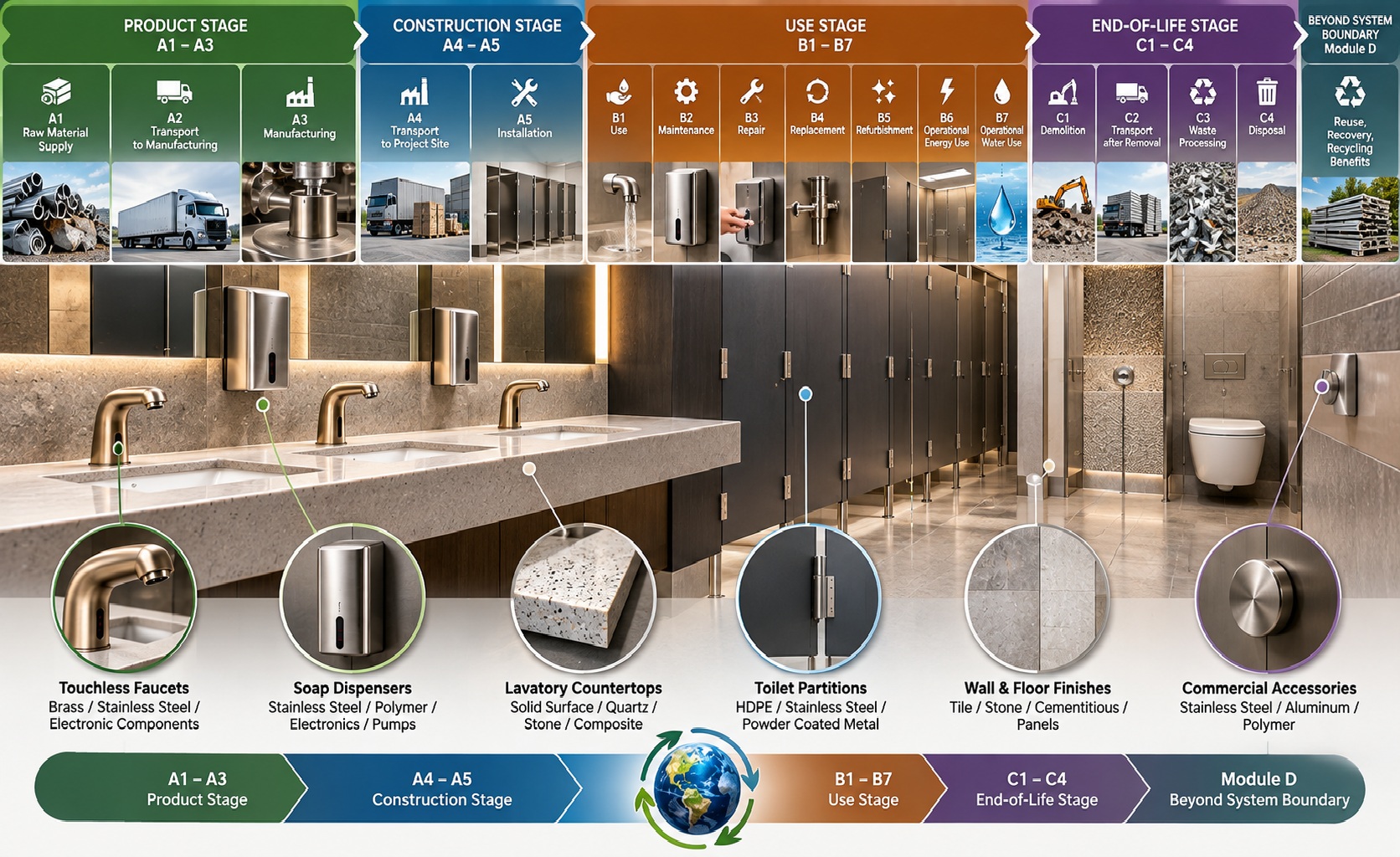 Commercial restroom EPD lifecycle modules showing product stage construction use end of life and beyond system boundary