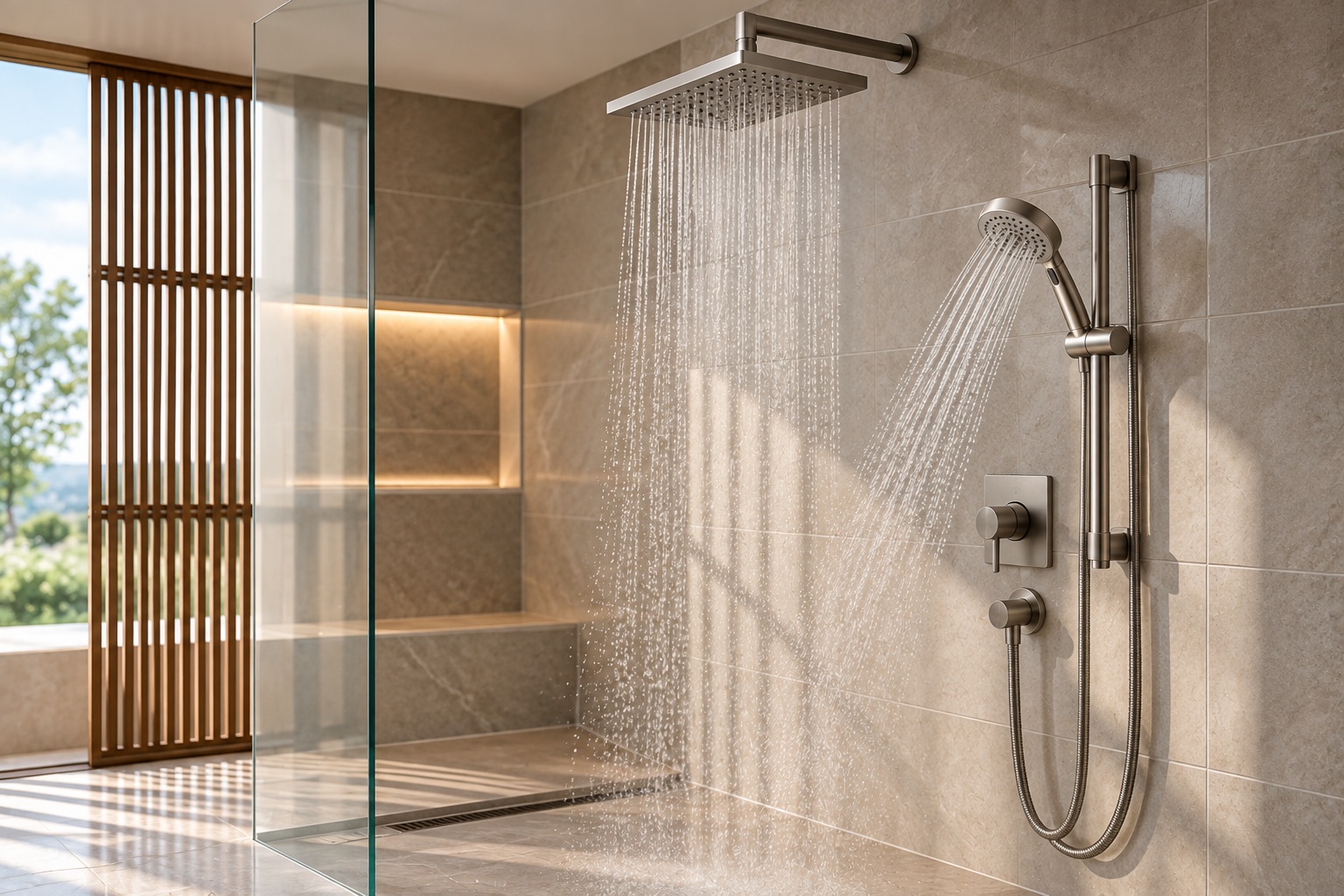 Fixed rainfall shower and handheld shower with diverter control