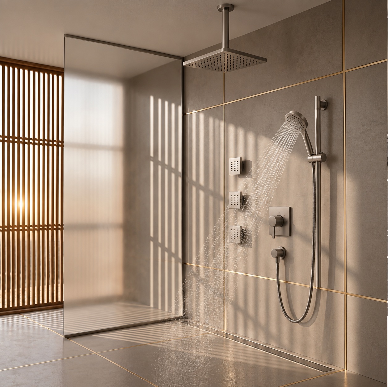 Handheld shower head with flexible hose in a modern bathroom