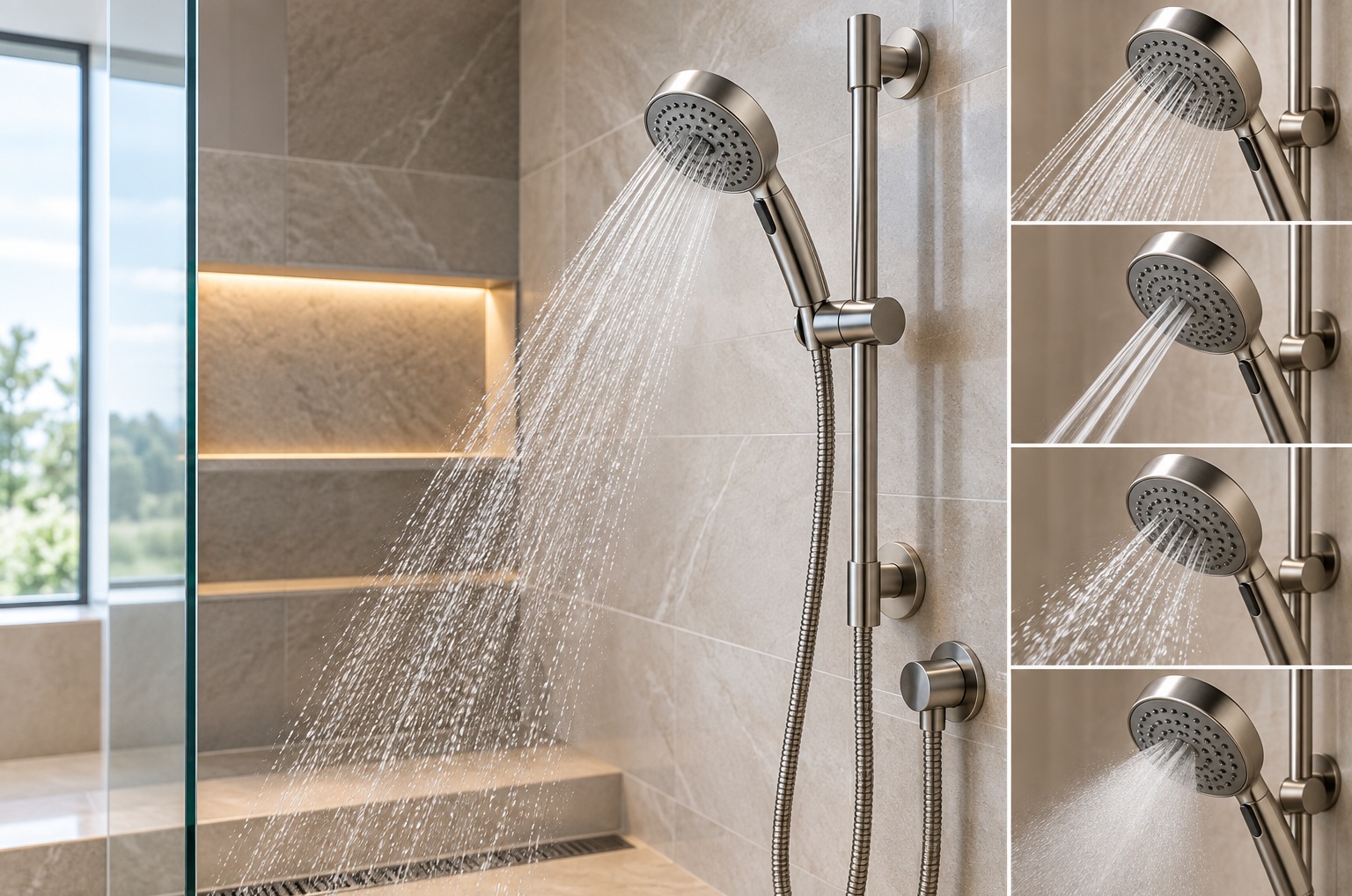 Handheld shower on adjustable slide bar with multiple spray patterns