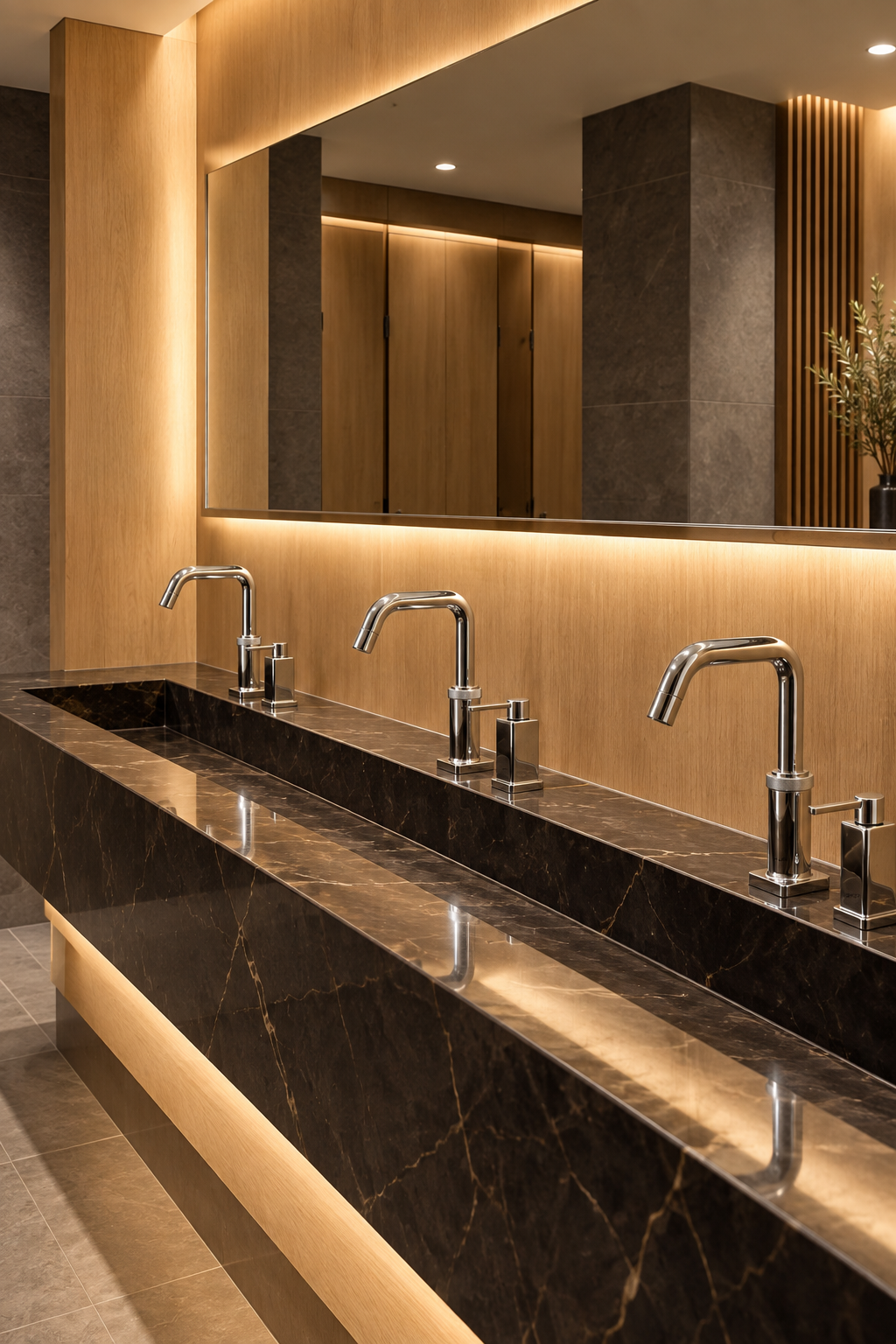 Contemporary commercial restroom with coordinated fixtures and finishes