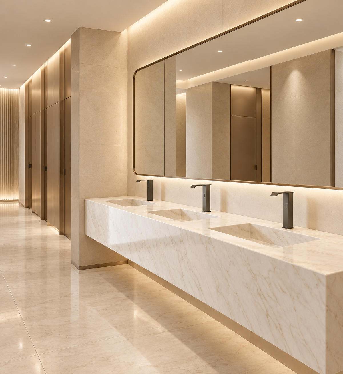 Commercial restroom with double vanity and illuminated mirror