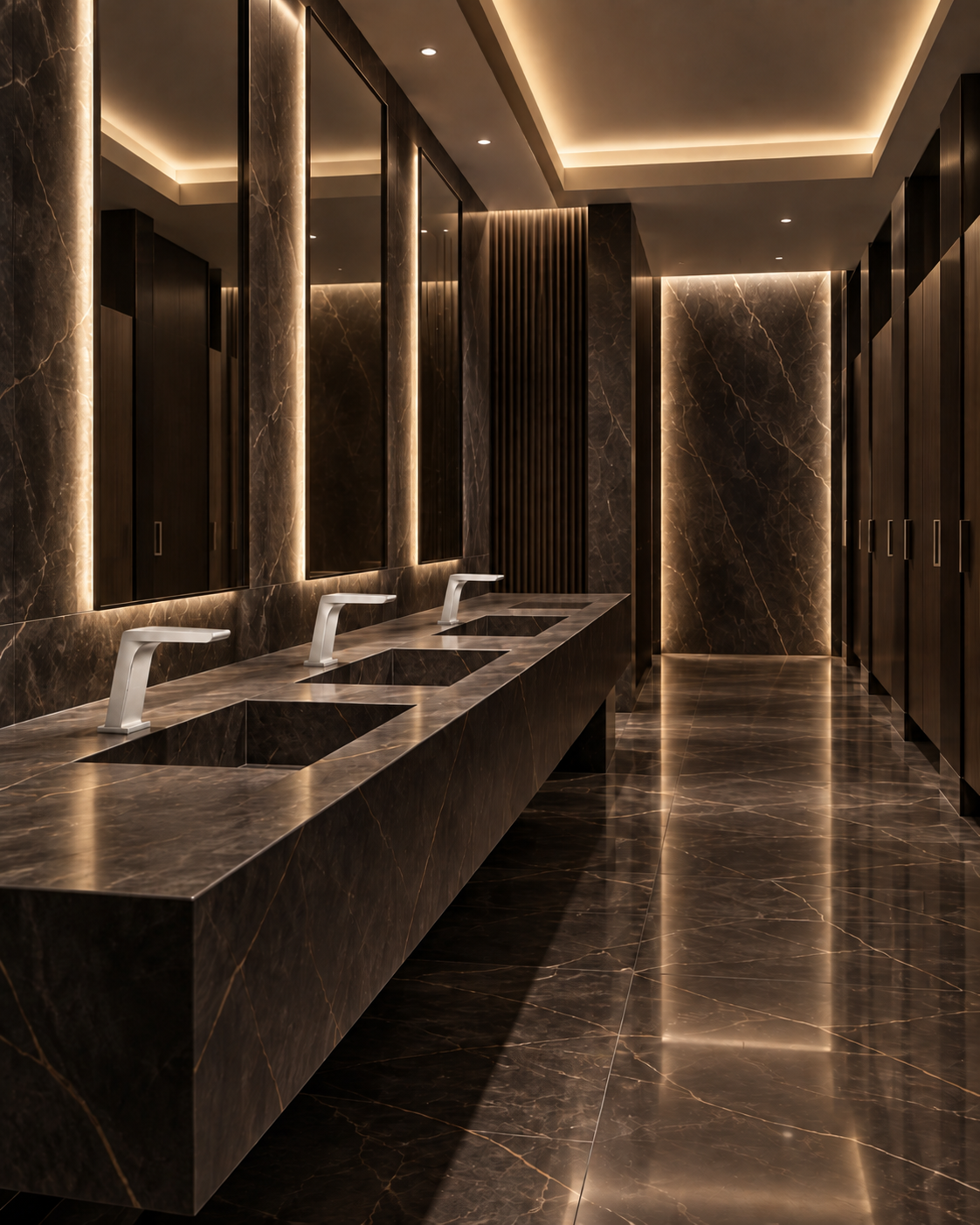 Modern commercial restroom with stone vanity and touchless fixtures