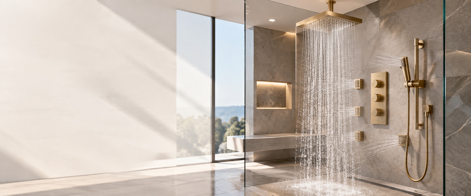 Luxury rainfall shower system with thermostatic controls and handheld shower