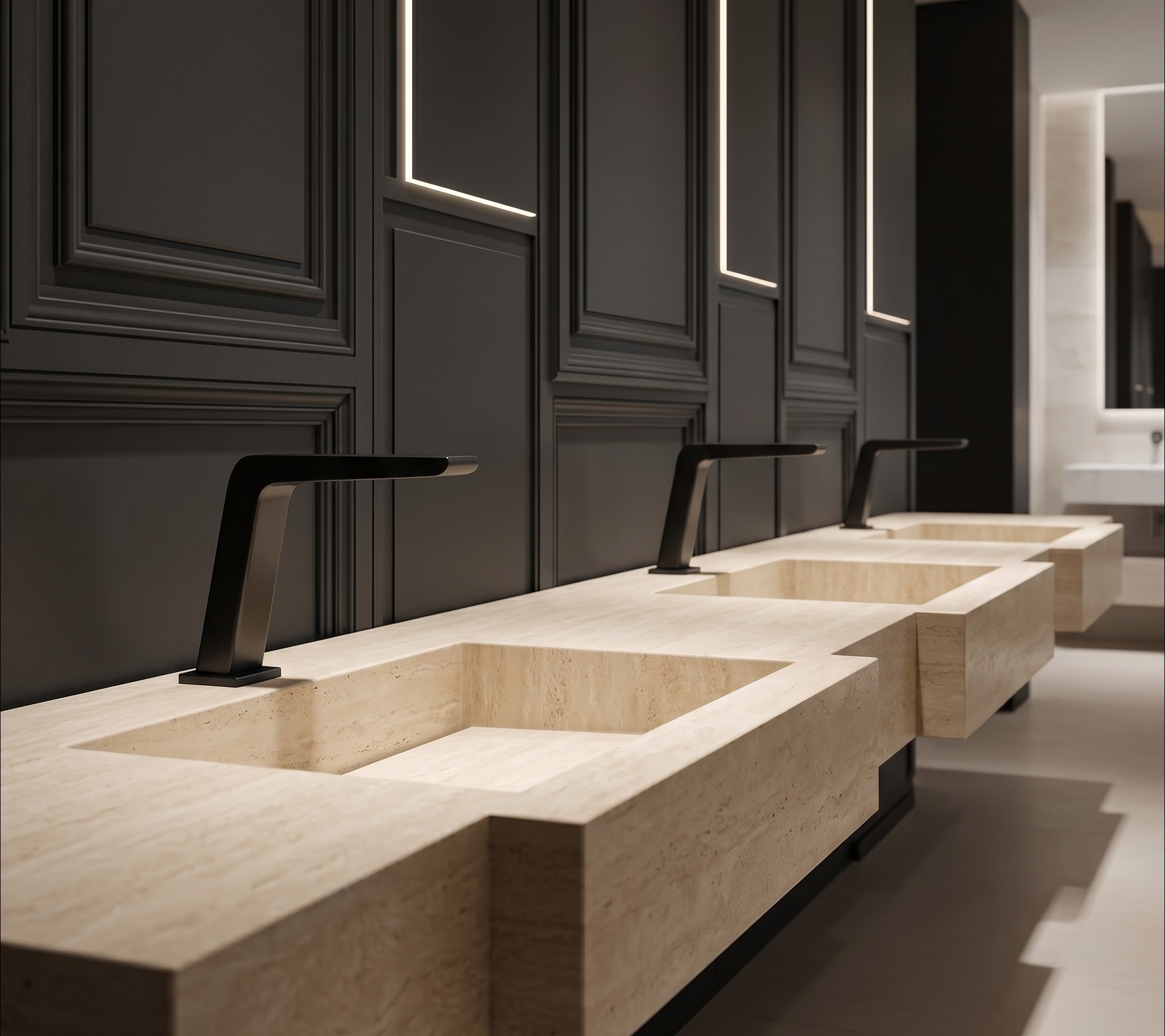 Modern commercial restroom vanity used for fixture specification research