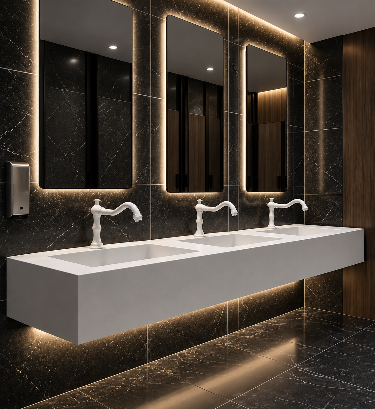 Stone vessel sink and commercial faucet coordination