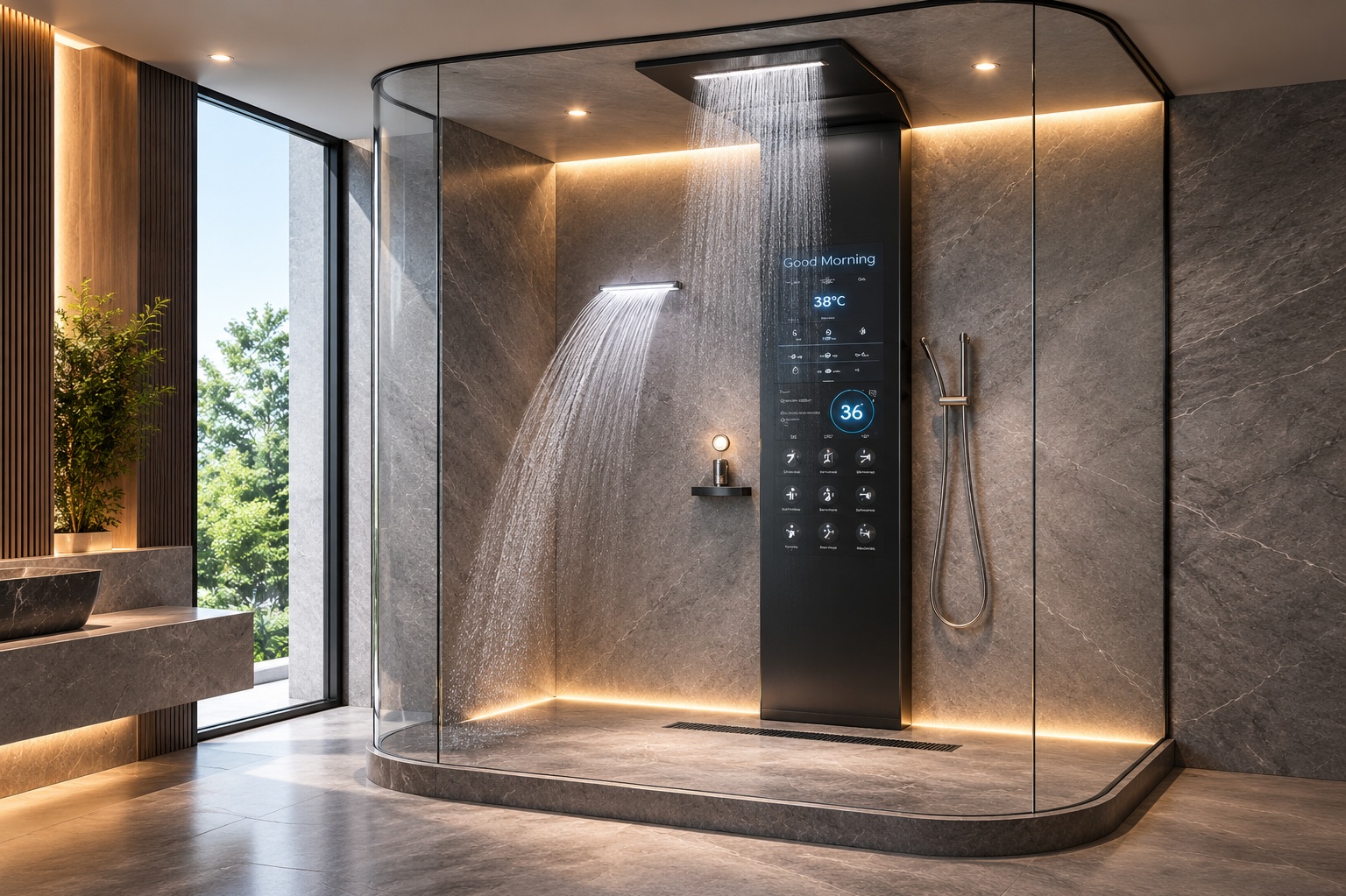 Modern bathroom interior featuring a sleek LED shower panel design