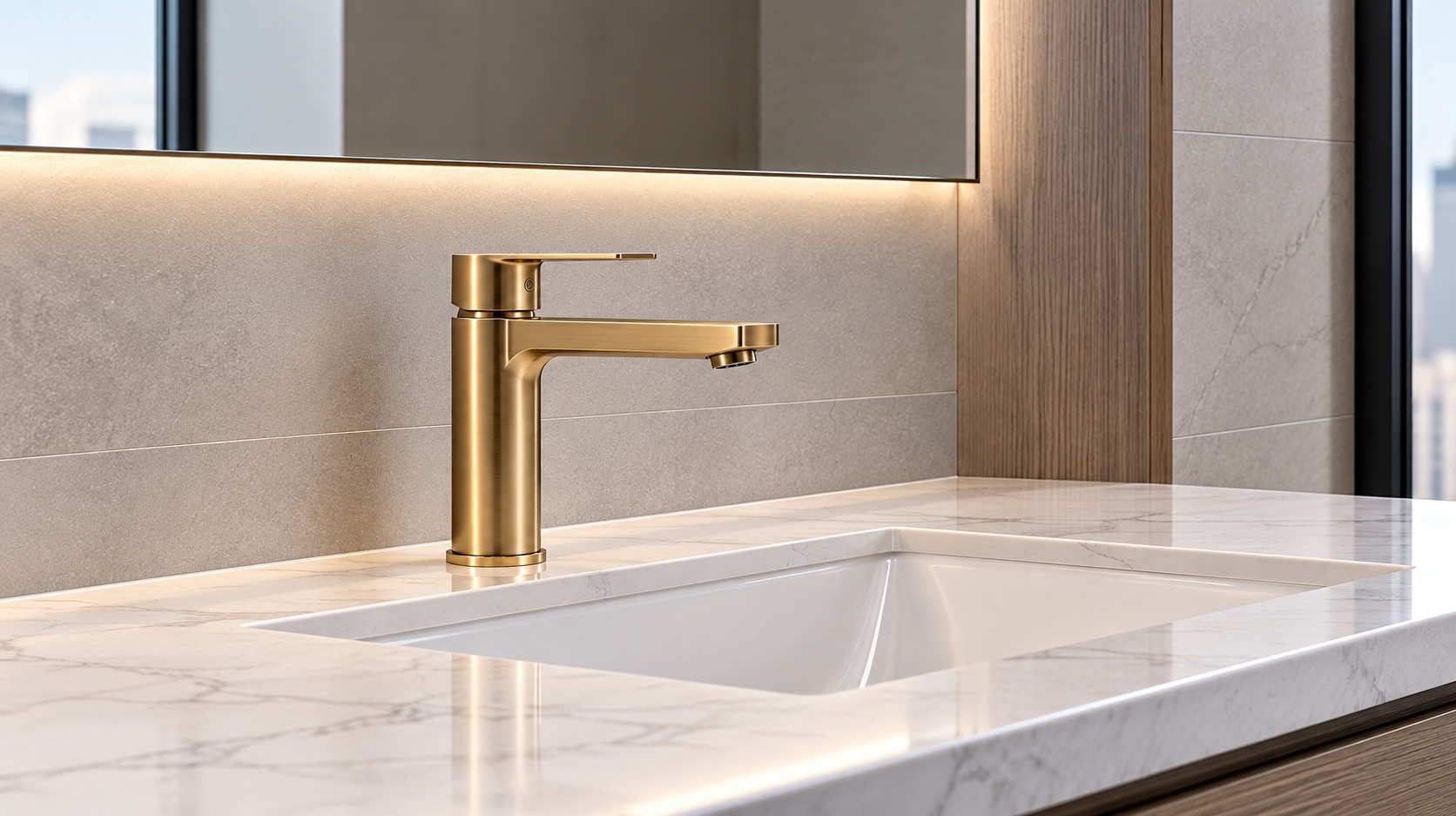 Single hole bathroom faucet in a minimalist modern vanity design