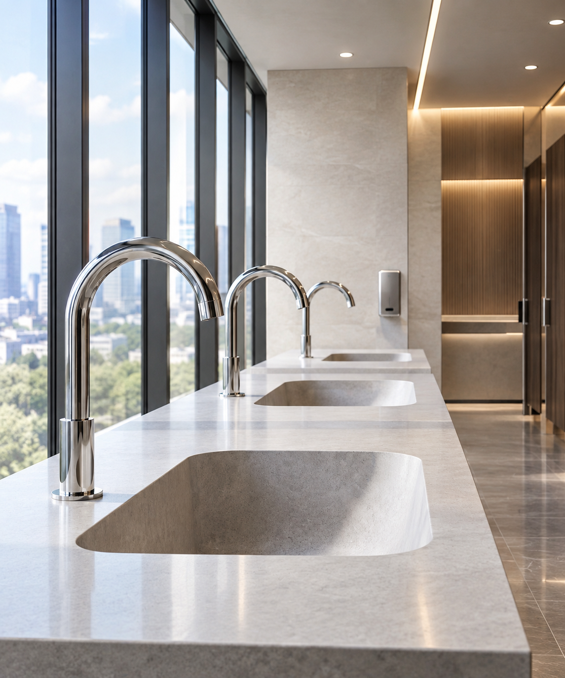 Commercial restroom with durable low-maintenance vanity materials