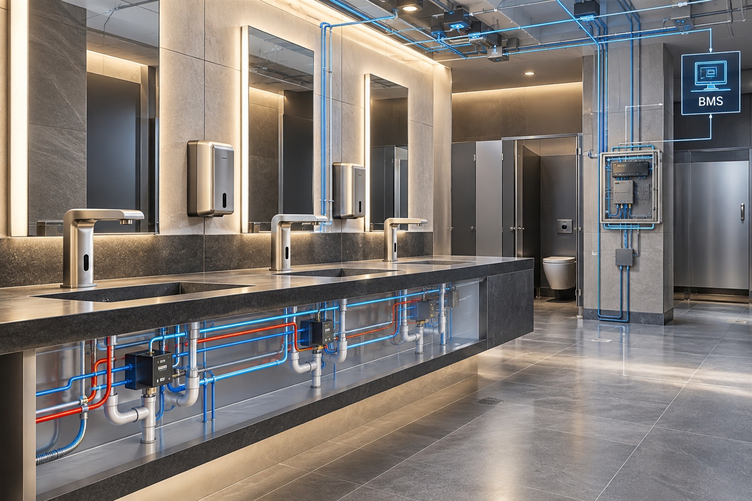 Smart touchless commercial restroom with networked sensor fixtures and integrated facility systems