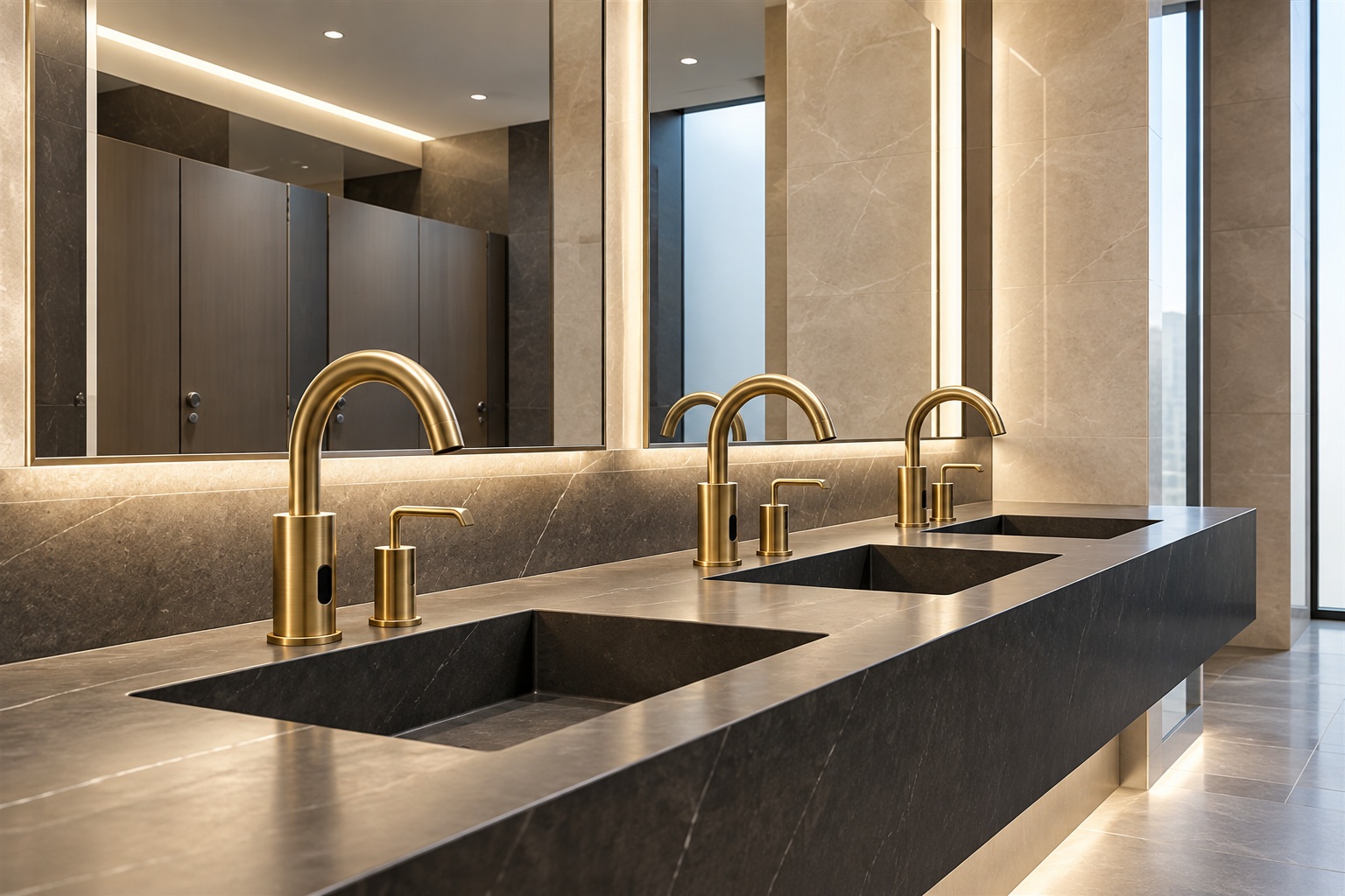 Touchless commercial restroom water and energy performance with sensor faucets and coordinated low-flow fixtures