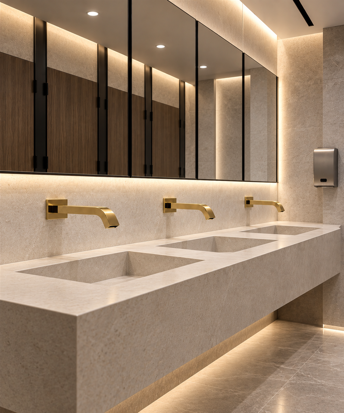 Commercial restroom fixtures coordinated with durable finishes