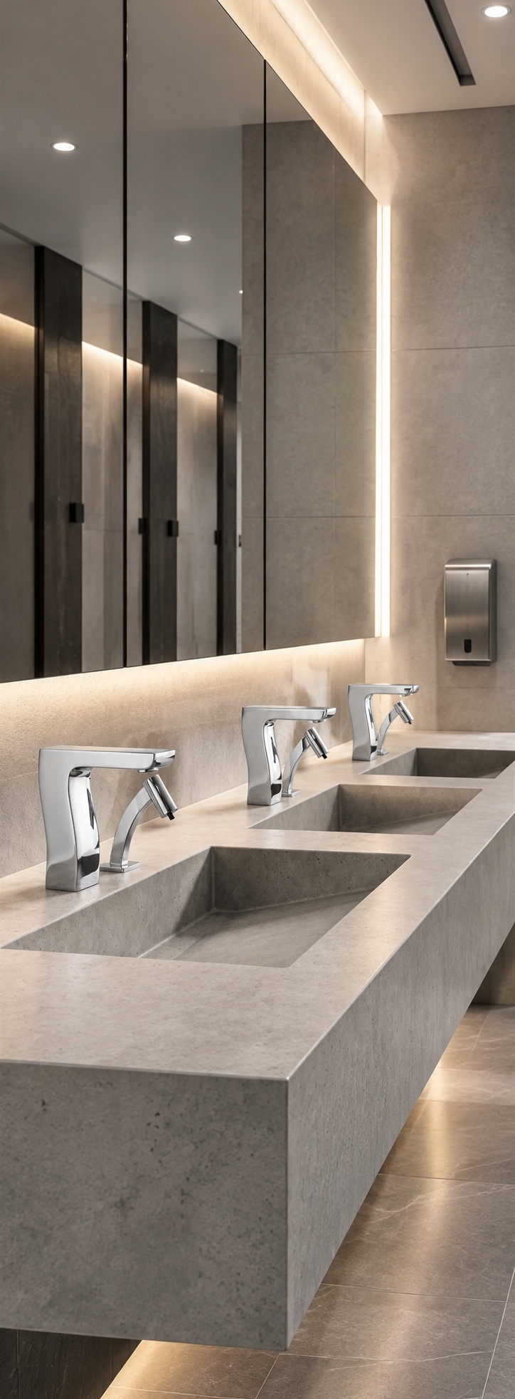 Commercial restroom with stone surfaces and natural material palette