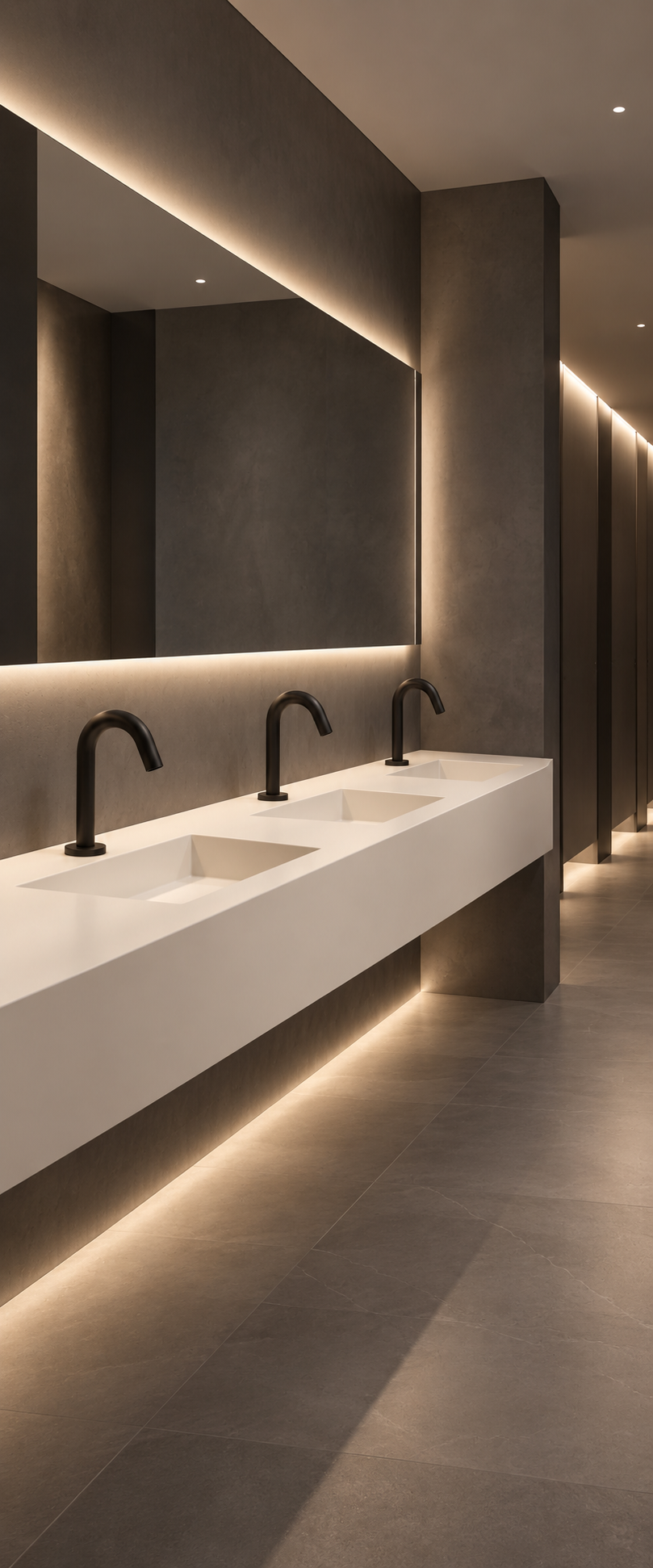 Commercial restroom wash station with sensor faucets and digital water-saving display